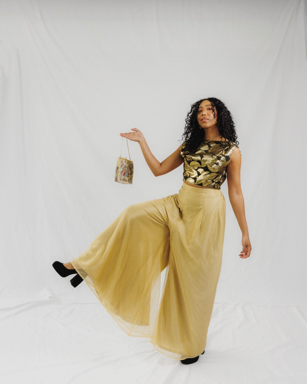 Gold Cowl Back Crop Blouse