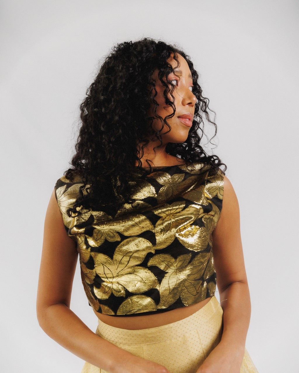 Gold Cowl Back Crop Blouse