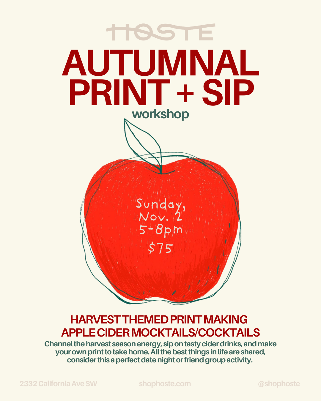 Harvest Print Making + Apple Cider Mocktail/Cocktail Workshop - 11/2