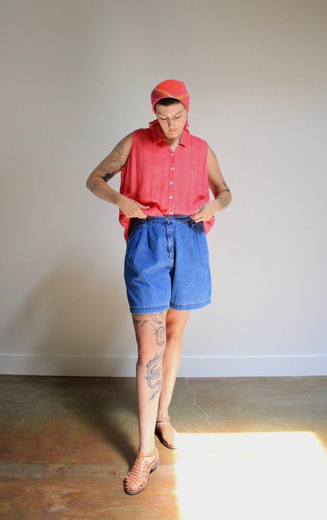 High Rise Pleated Denim Shorts