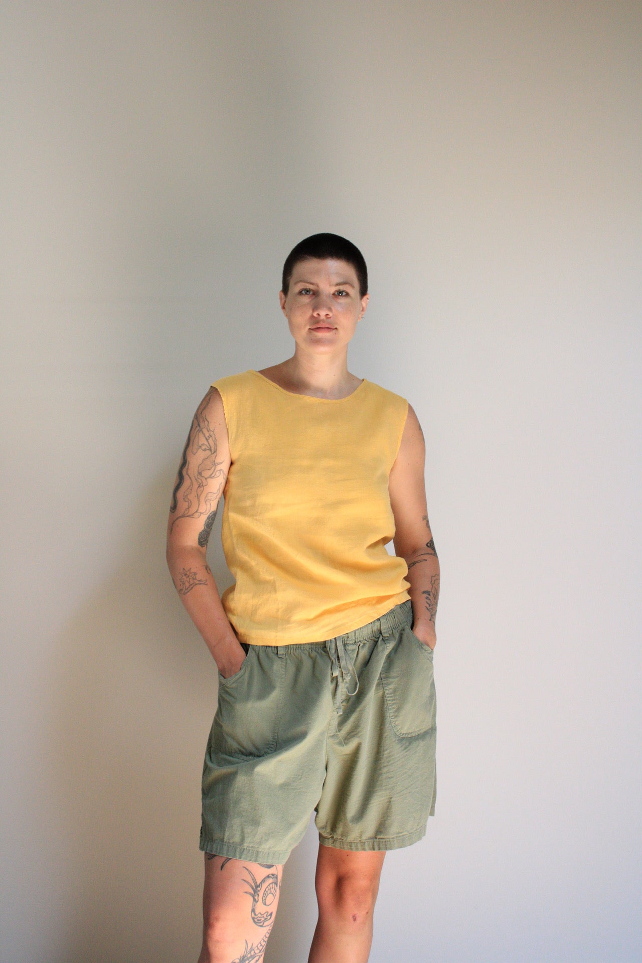 High Rise Olive Cotton Drawstring Shorts