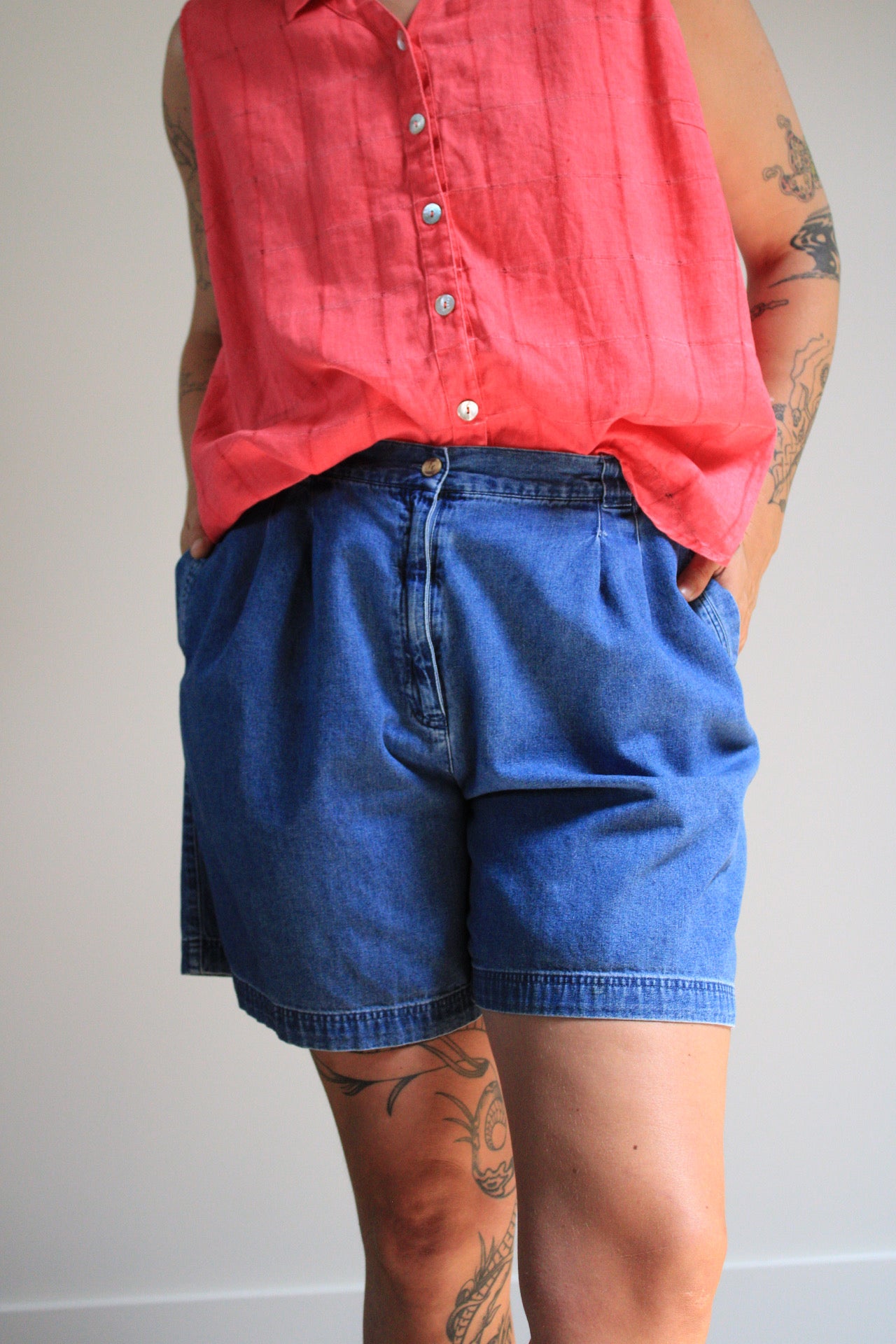 High Rise Pleated Denim Shorts