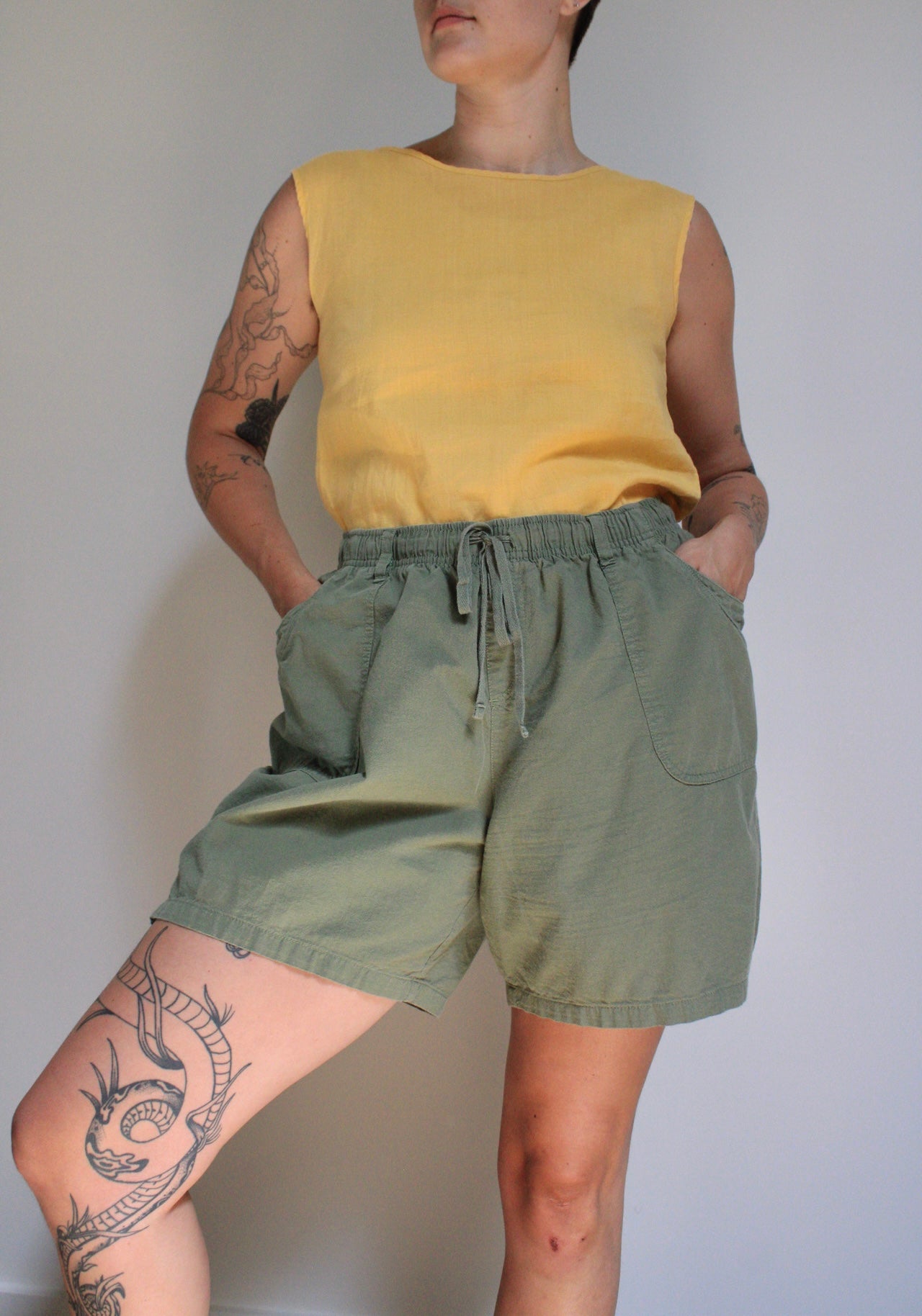 High Rise Olive Cotton Drawstring Shorts