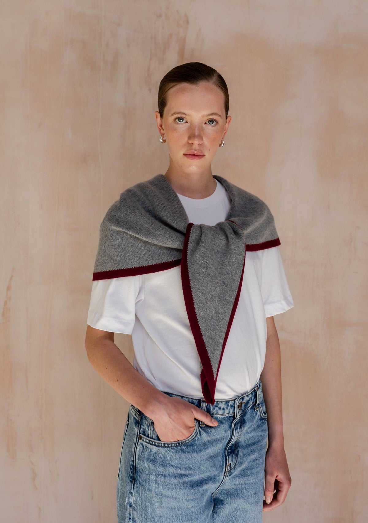 Large Merino Triangle Scarf in Charcoal & Burgundy