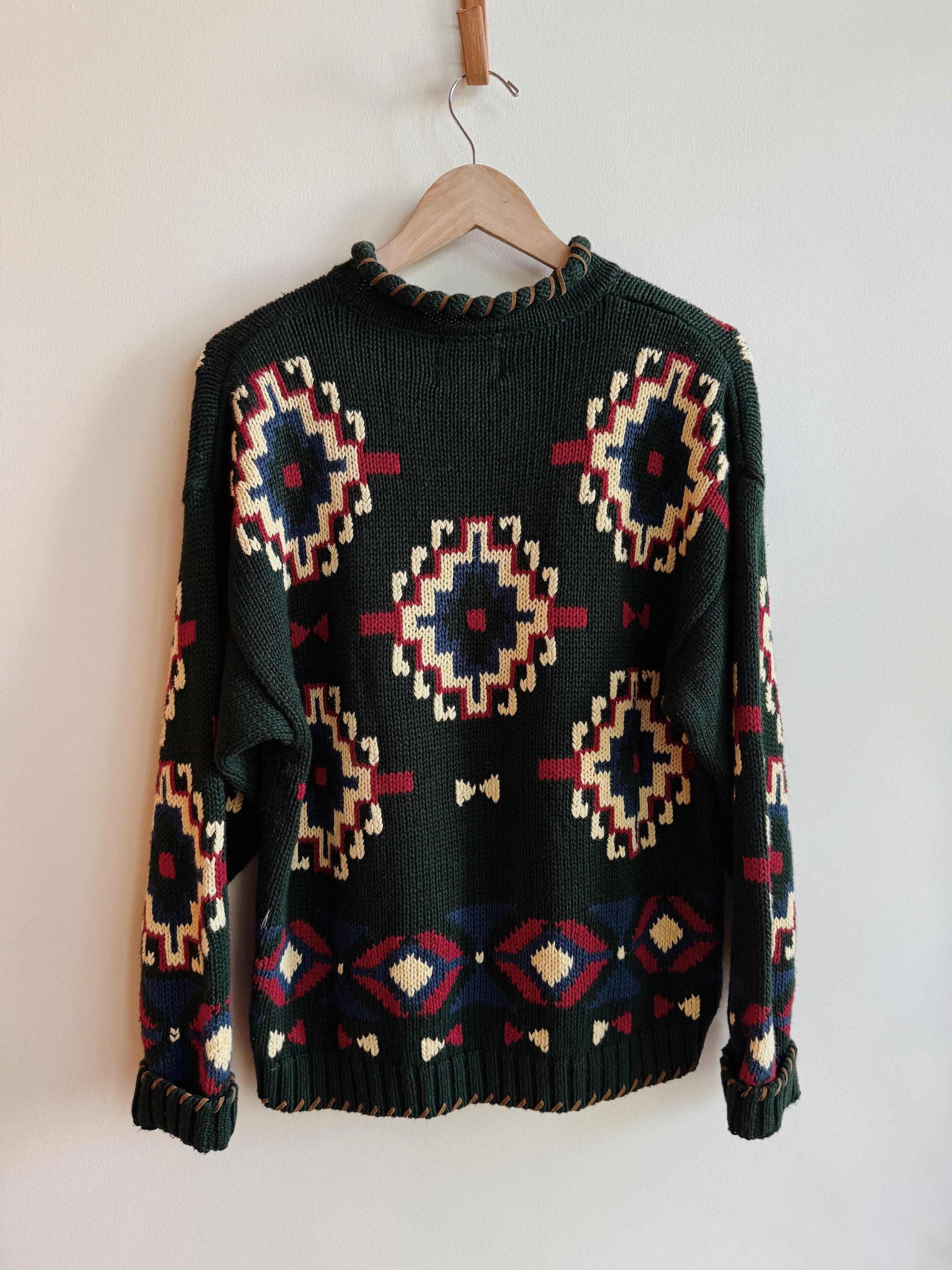 Green Pattern Cotton Knit Sweater