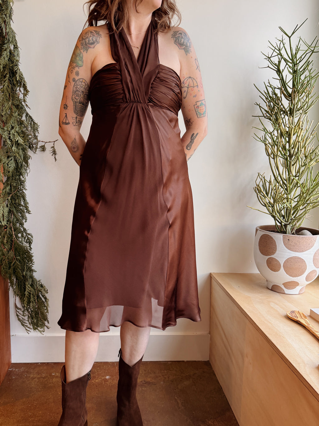 Brown Silk Halter Dress