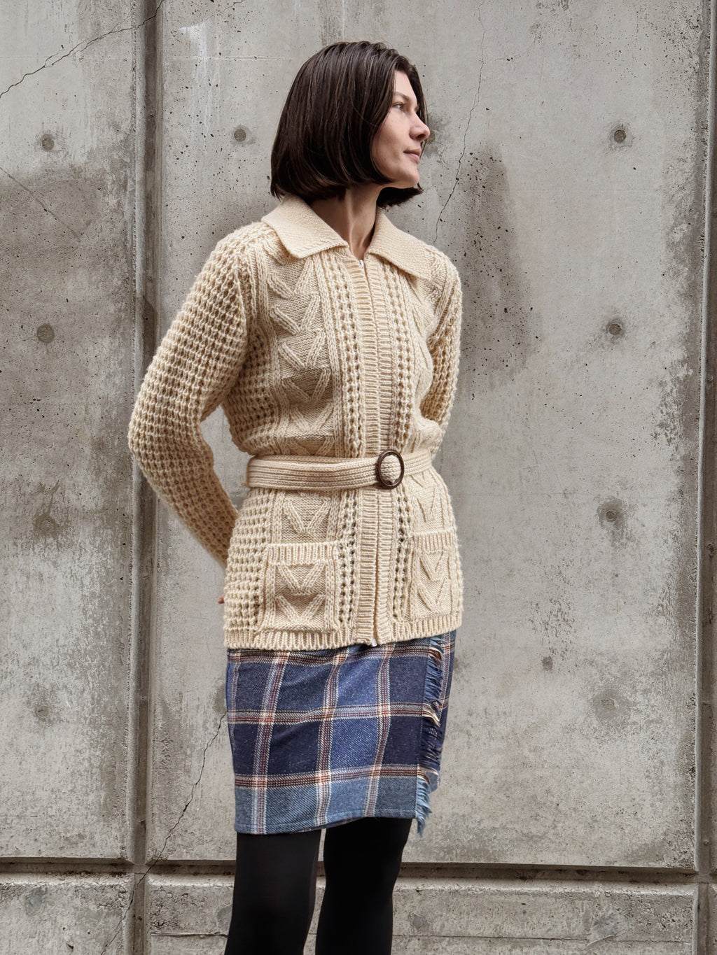 Cream Belted Wool Zip Cardigan