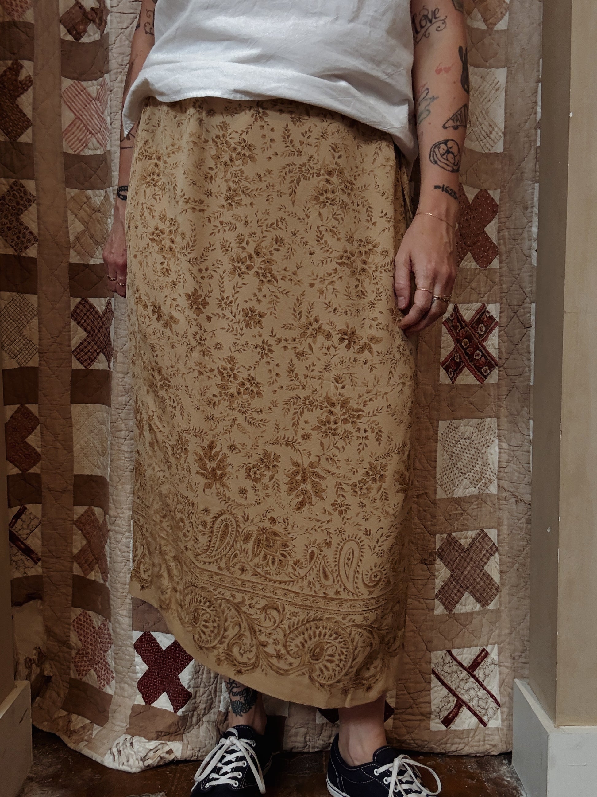 Tabots Tan Floral Silk Wrap Skirt