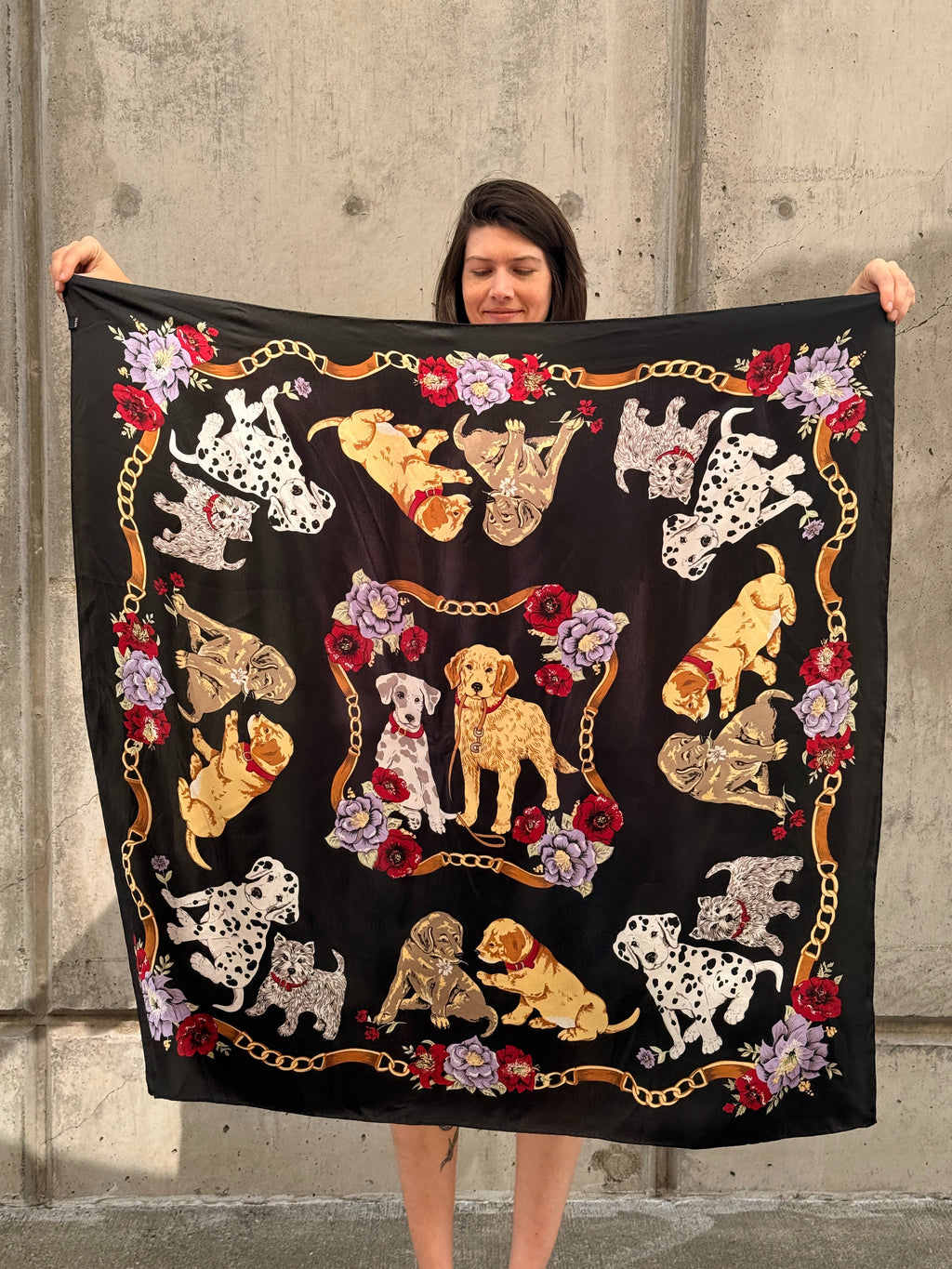 Puppy Black Silk Scarf