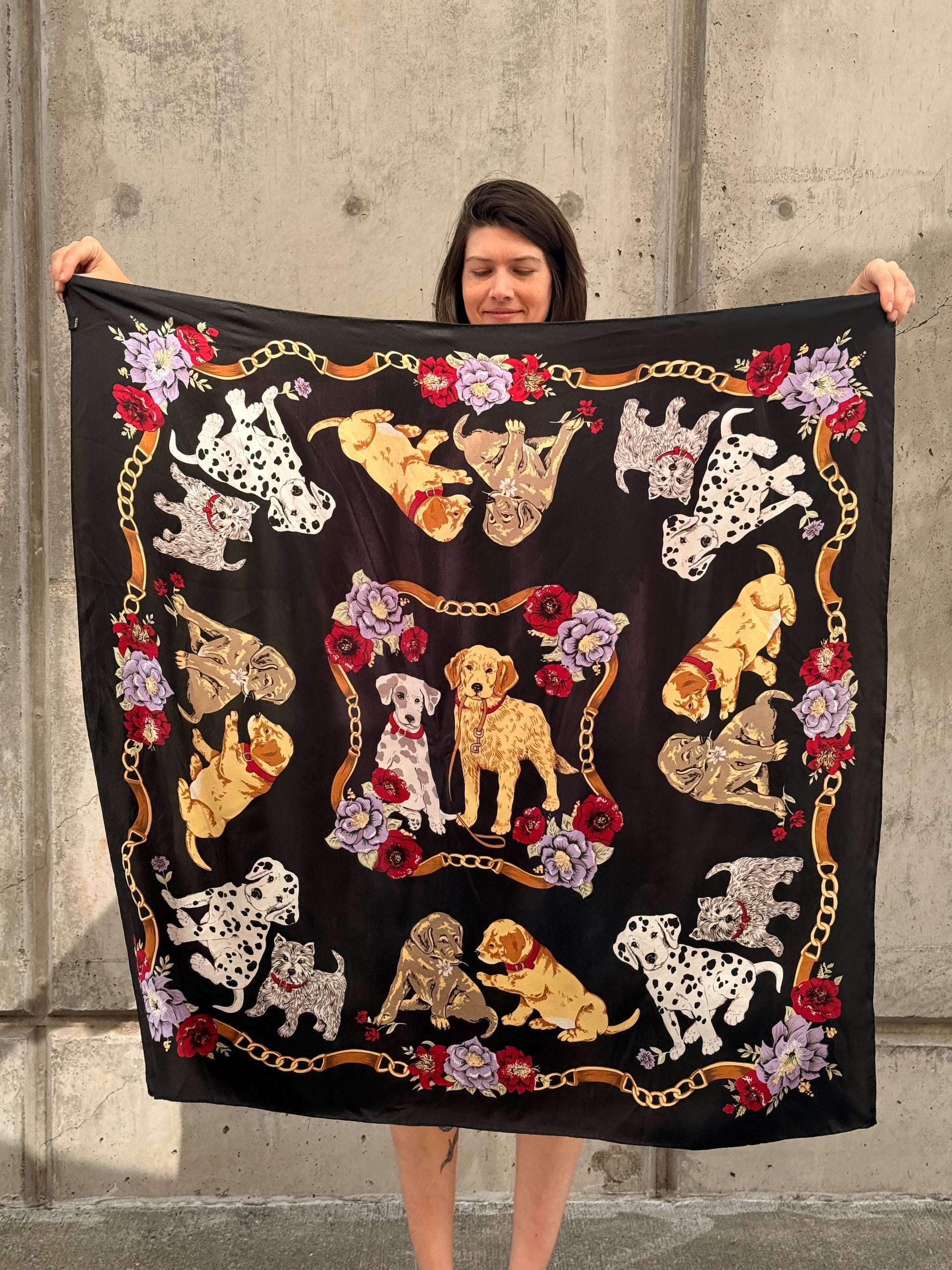 Puppy Black Silk Scarf