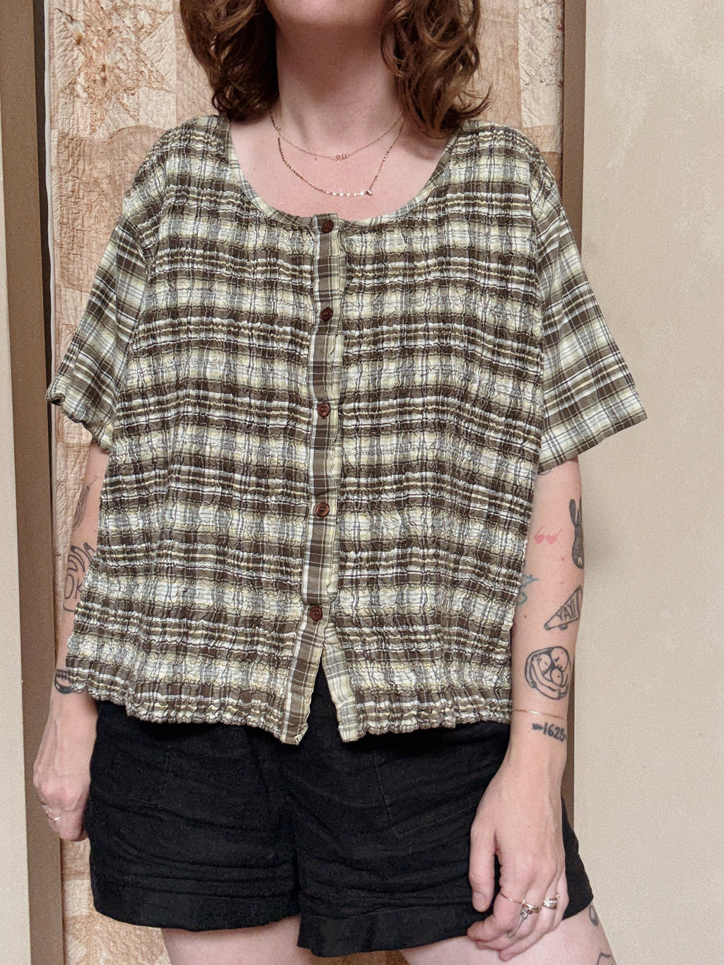 Green Plaid Smocked Tee