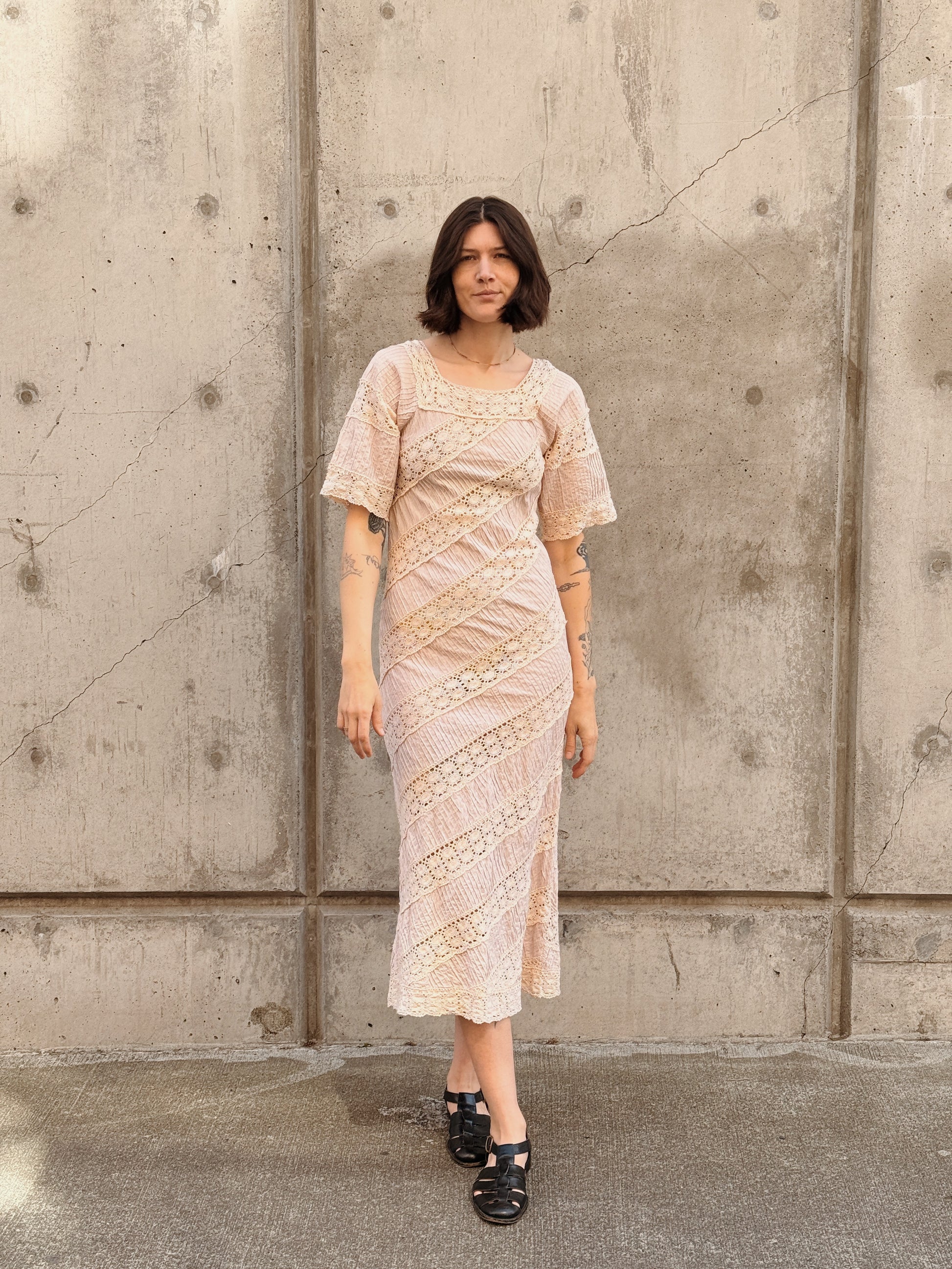 Ecru Lace & Pleats Maxi Dress