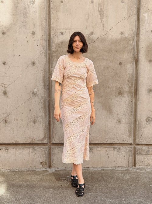 Ecru Lace & Pleats Maxi Dress