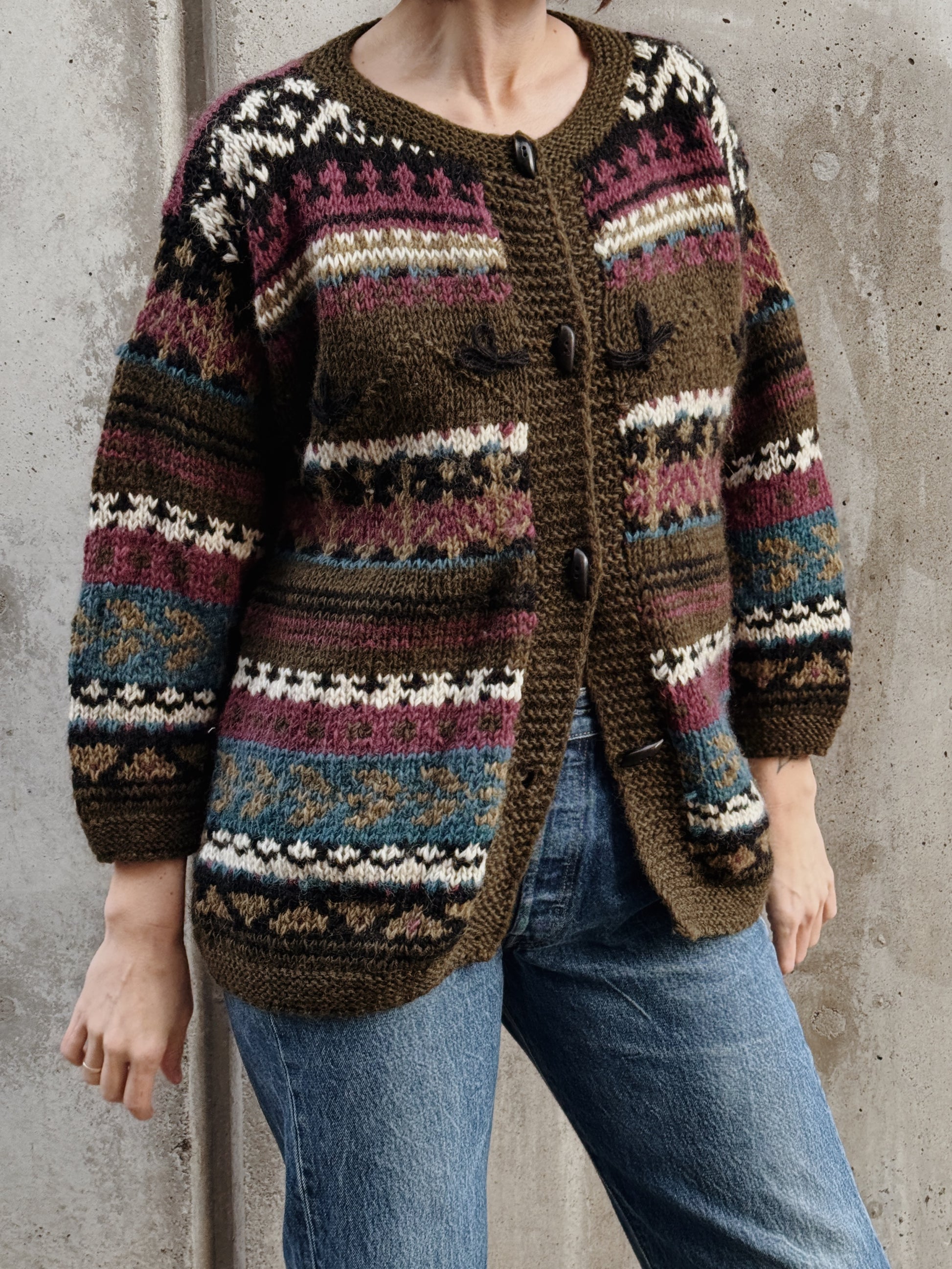 Olive Geometric Wool Cardigan