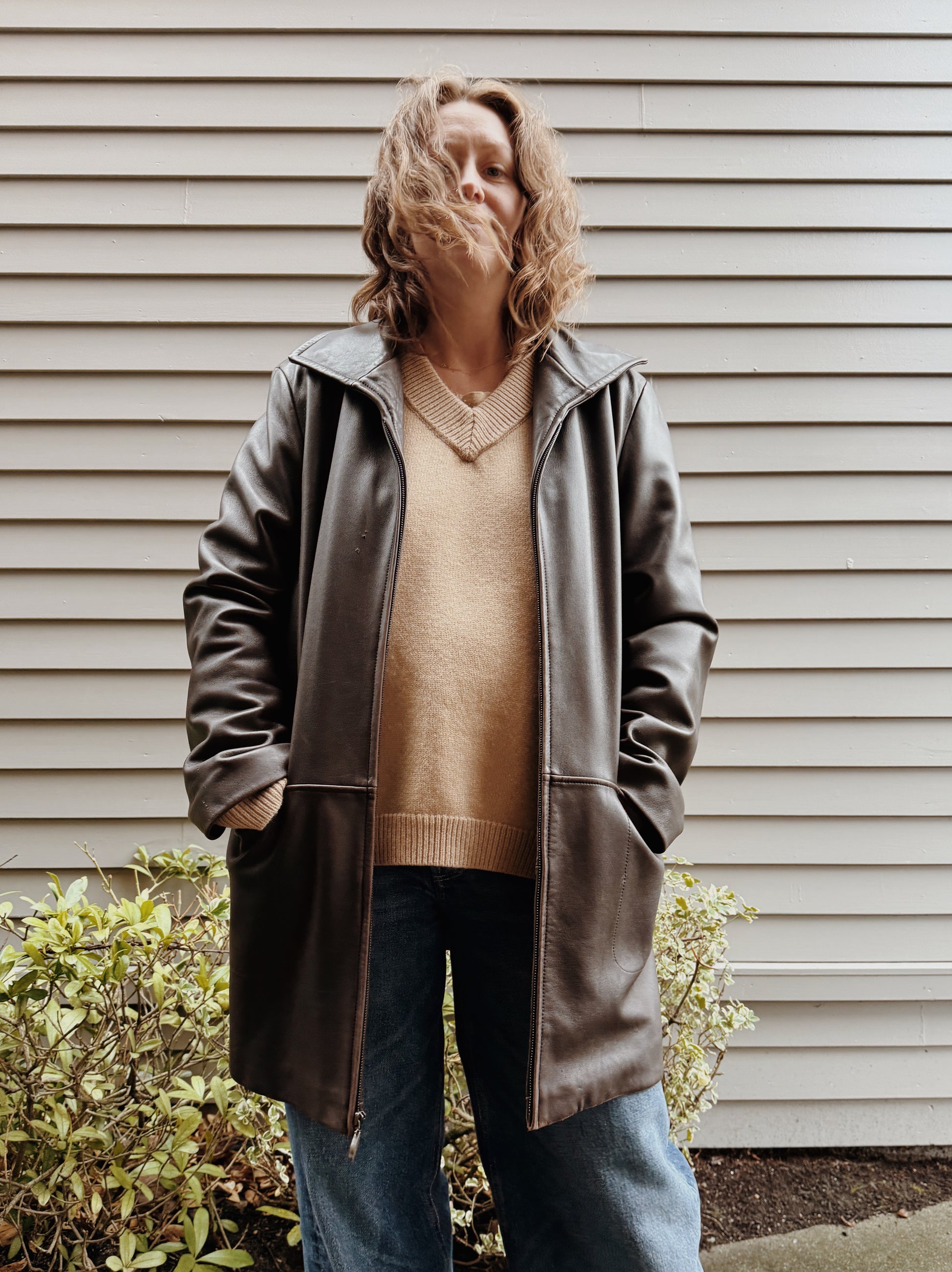 Brown Leather Seamed Zip Jacket