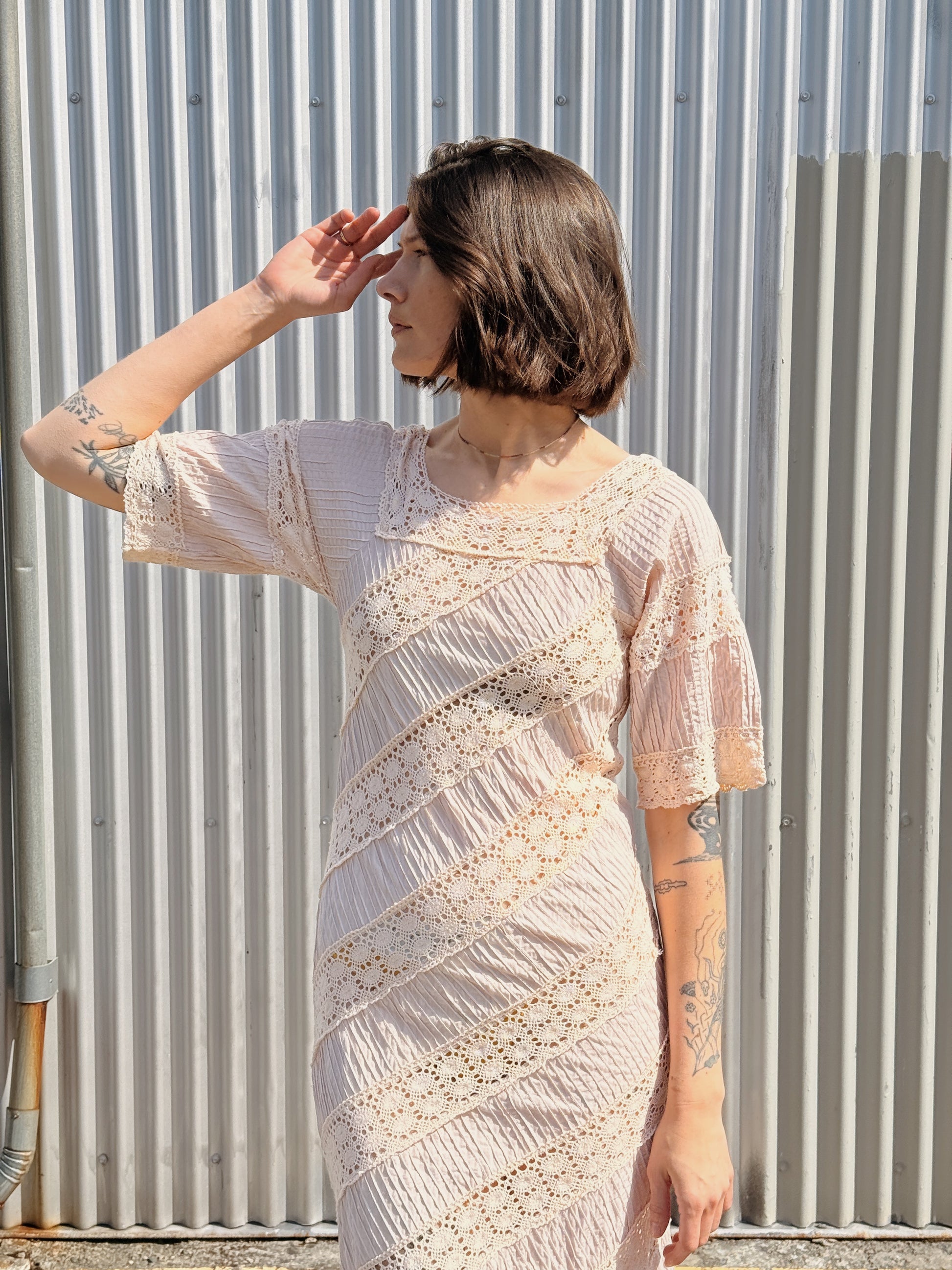 Ecru Lace & Pleats Maxi Dress