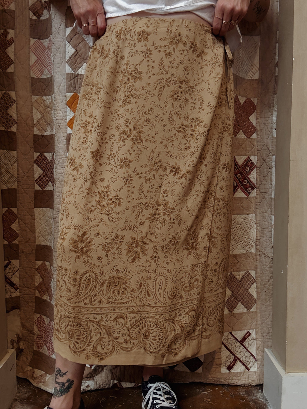 Tabots Tan Floral Silk Wrap Skirt