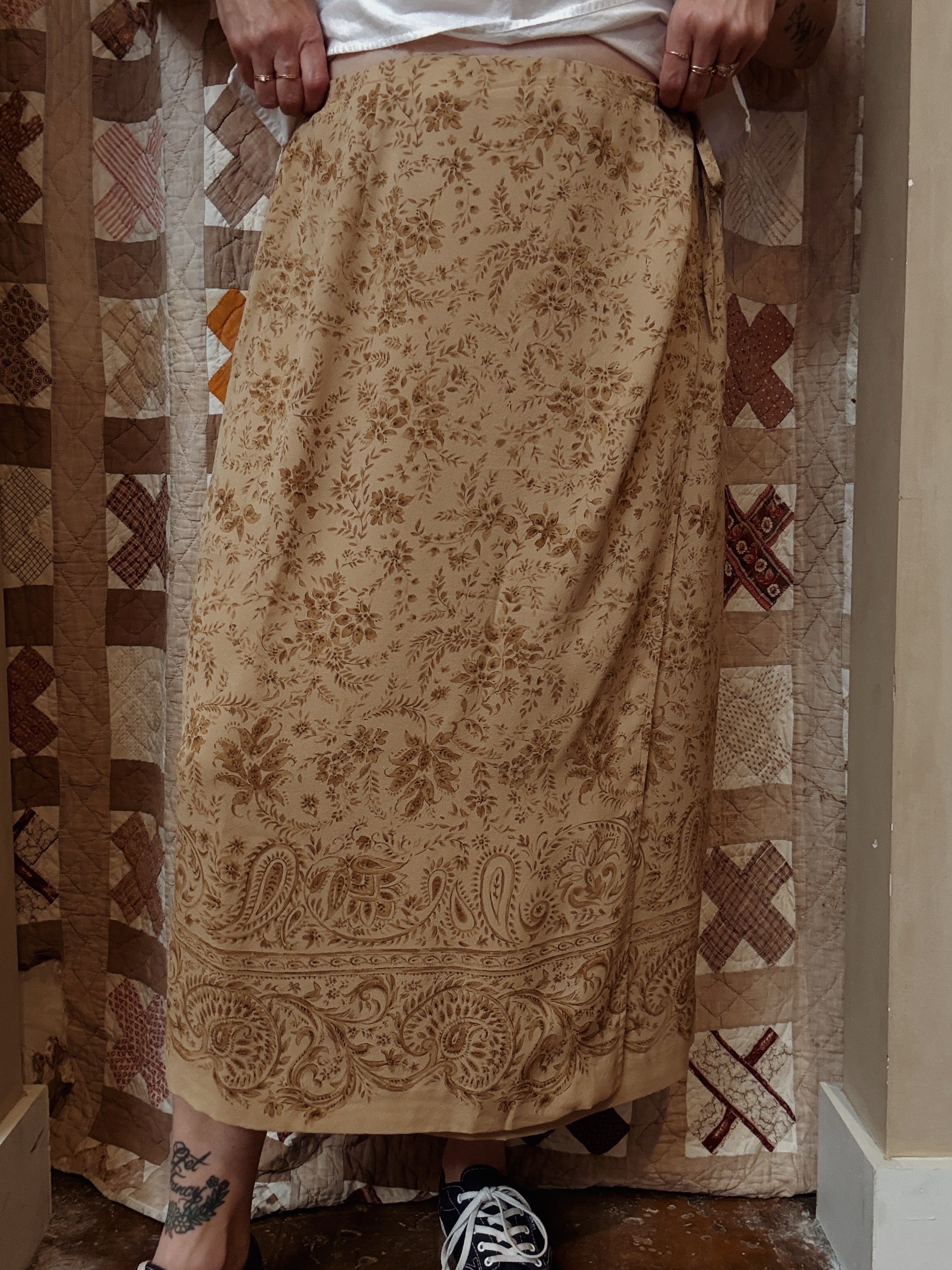 Tabots Tan Floral Silk Wrap Skirt
