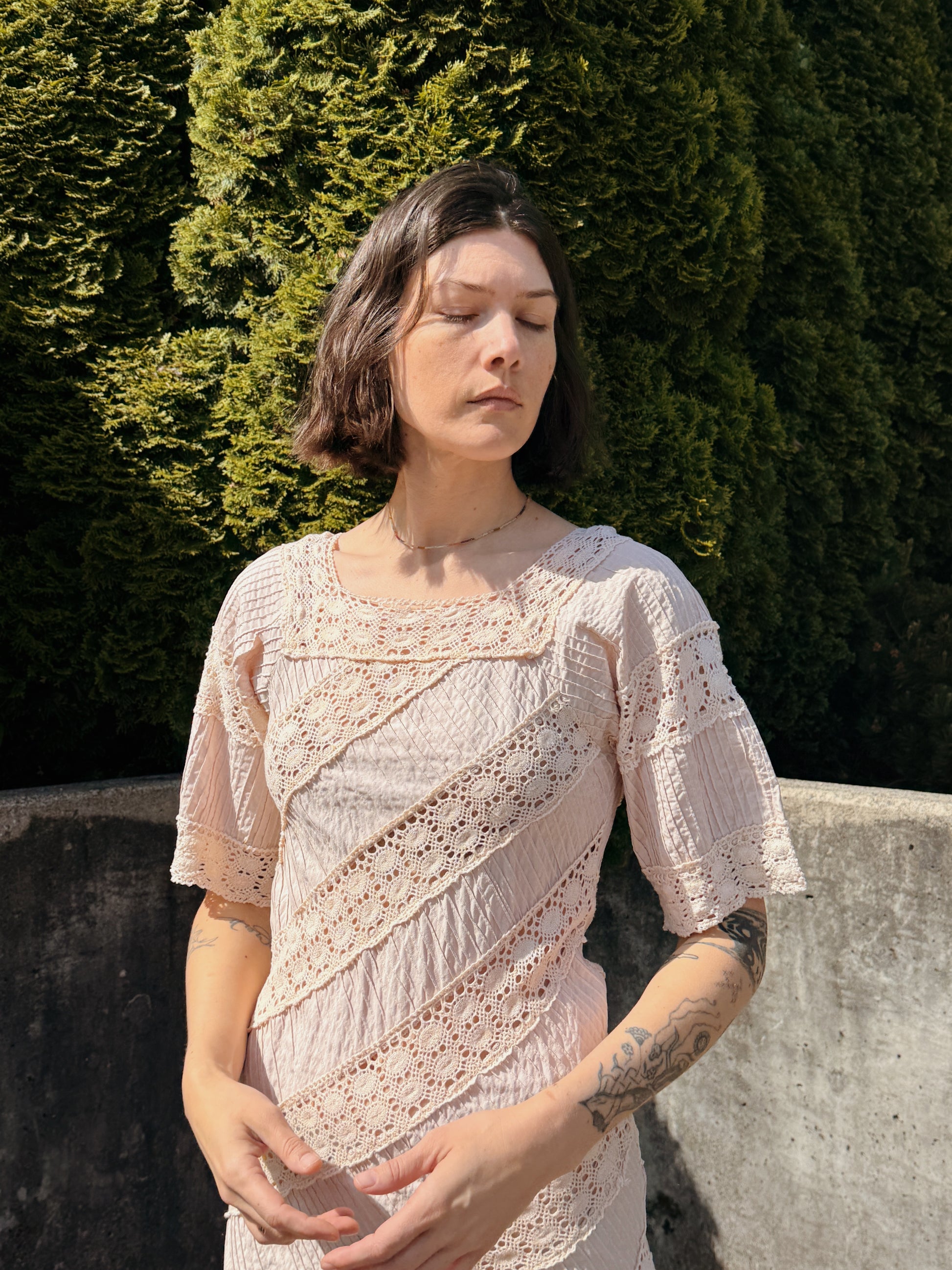 Ecru Lace & Pleats Maxi Dress