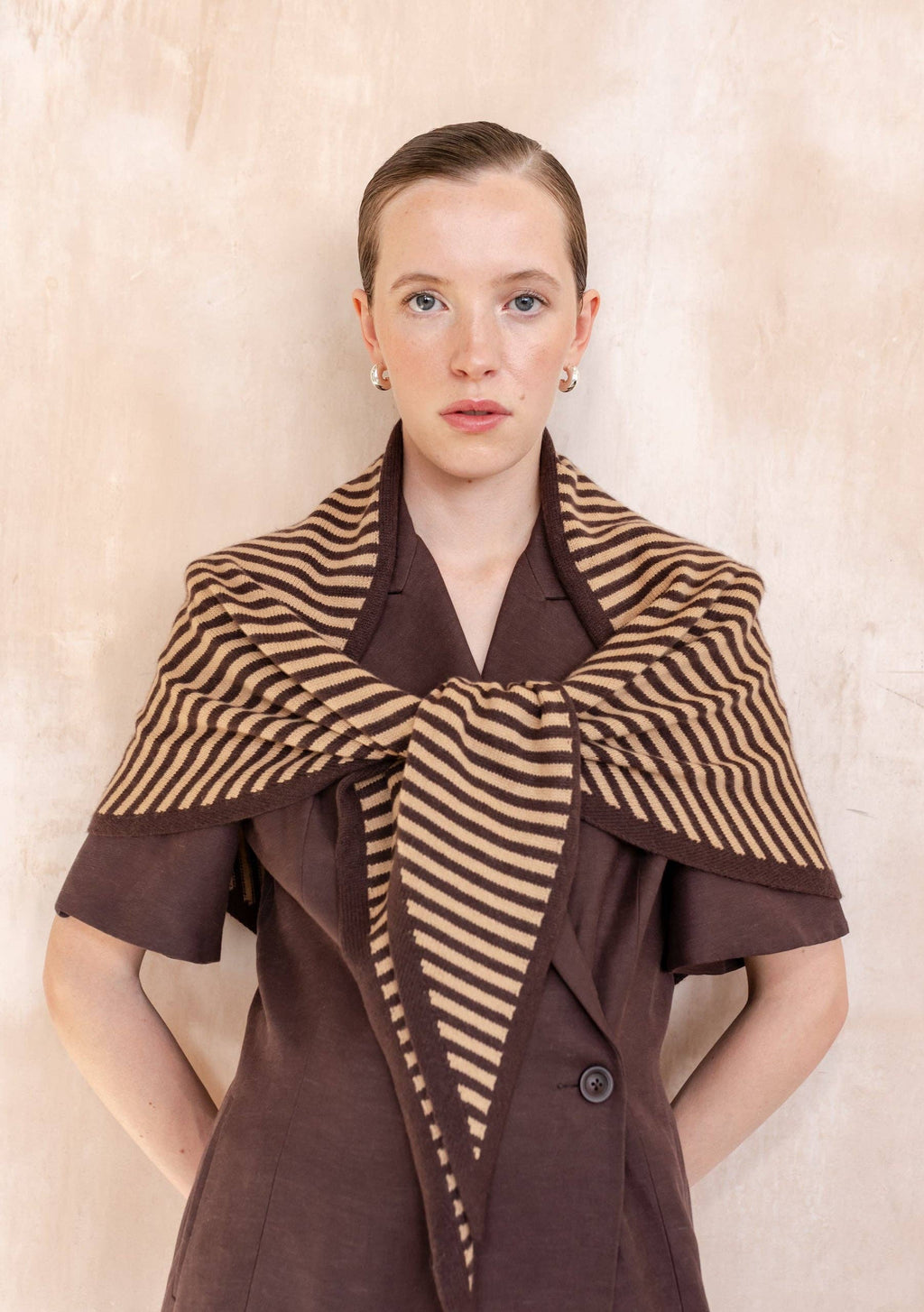 Large Merino Wool Triangle Scarf in Camel & Brown Stripe