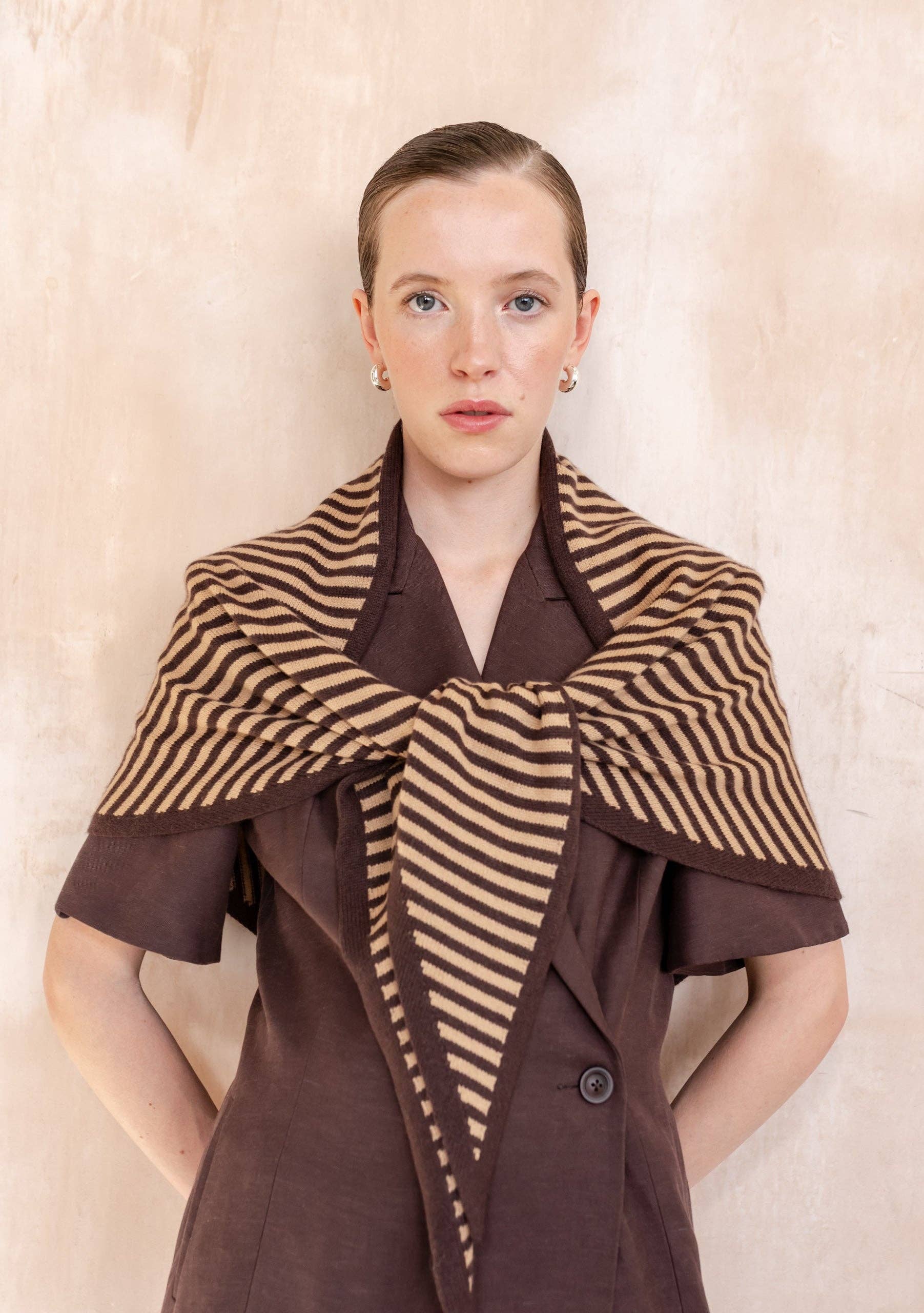 Large Merino Wool Triangle Scarf in Camel & Brown Stripe
