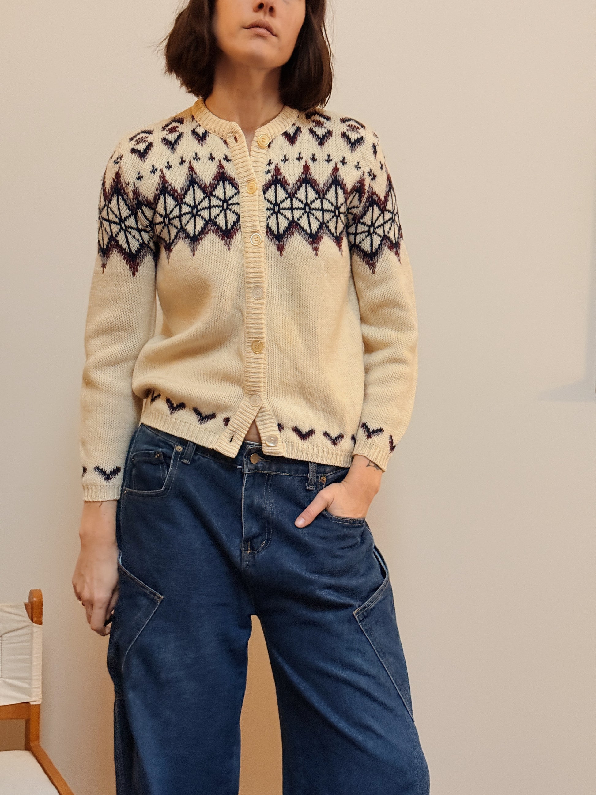 Jaquard Knit Wool Cardigan
