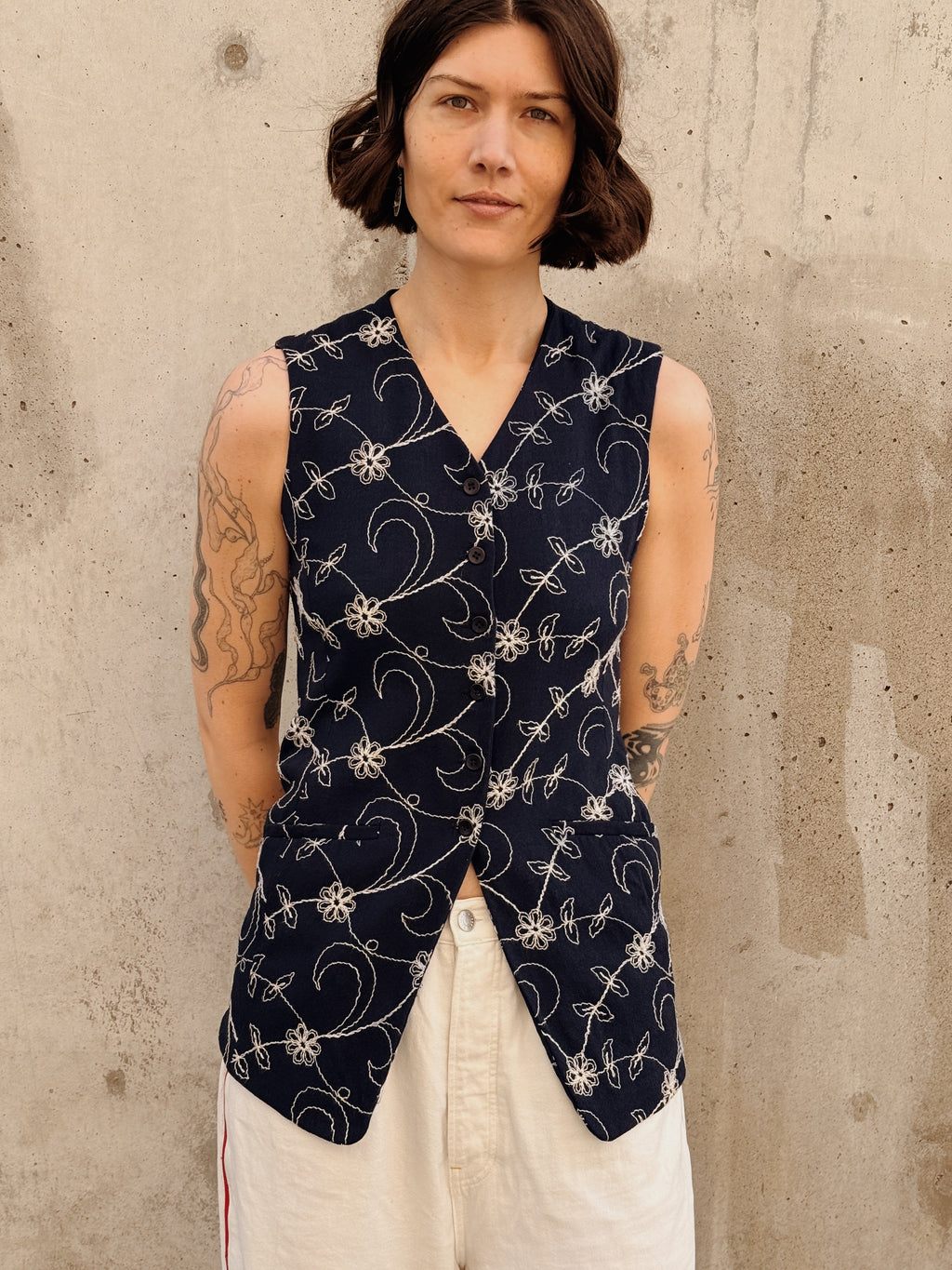 Navy Floral Embroidered Vest