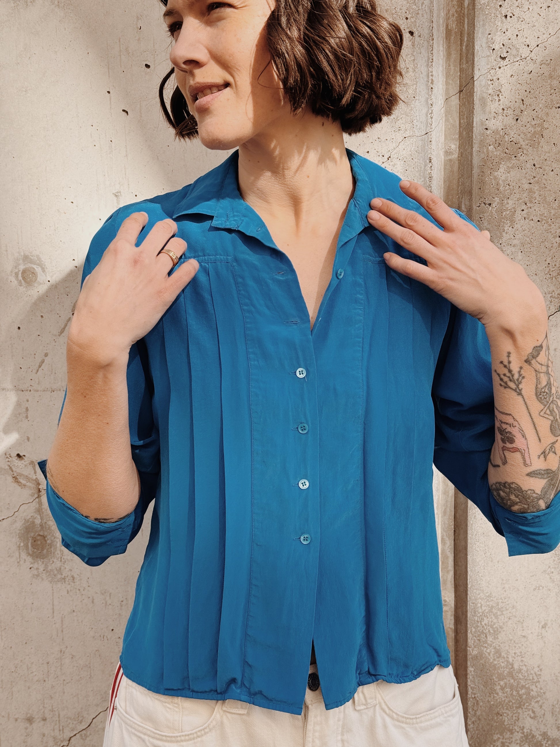 Blue Silk Pleated Blouse
