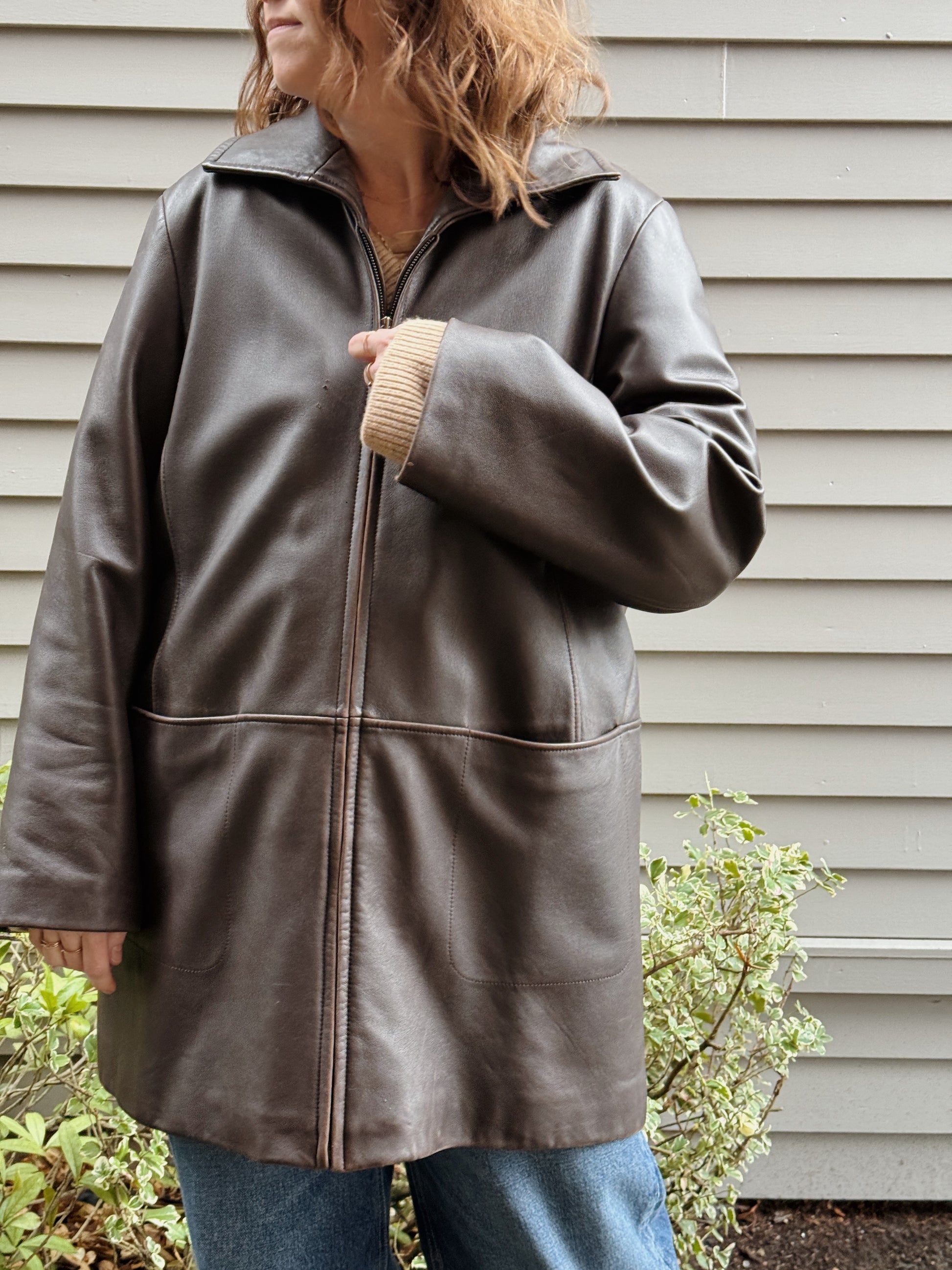 Brown Leather Seamed Zip Jacket