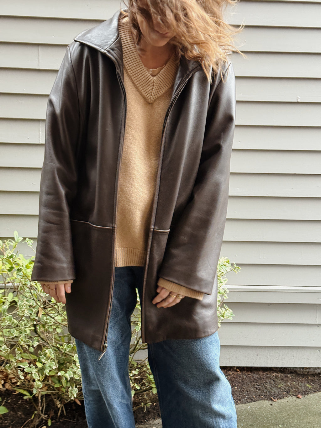 Brown Leather Seamed Zip Jacket