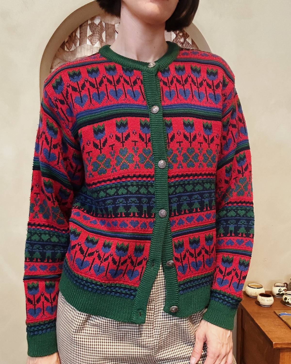 Bryn Connelly red & green tulips & hearts cardigan