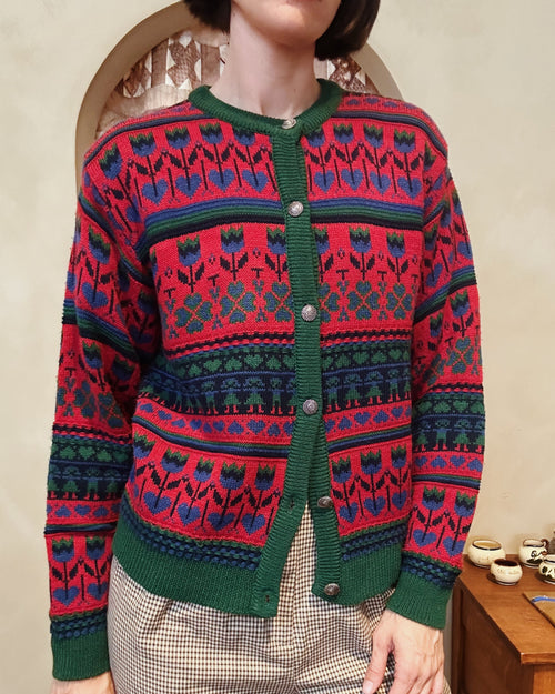 Bryn Connelly red & green tulips & hearts cardigan