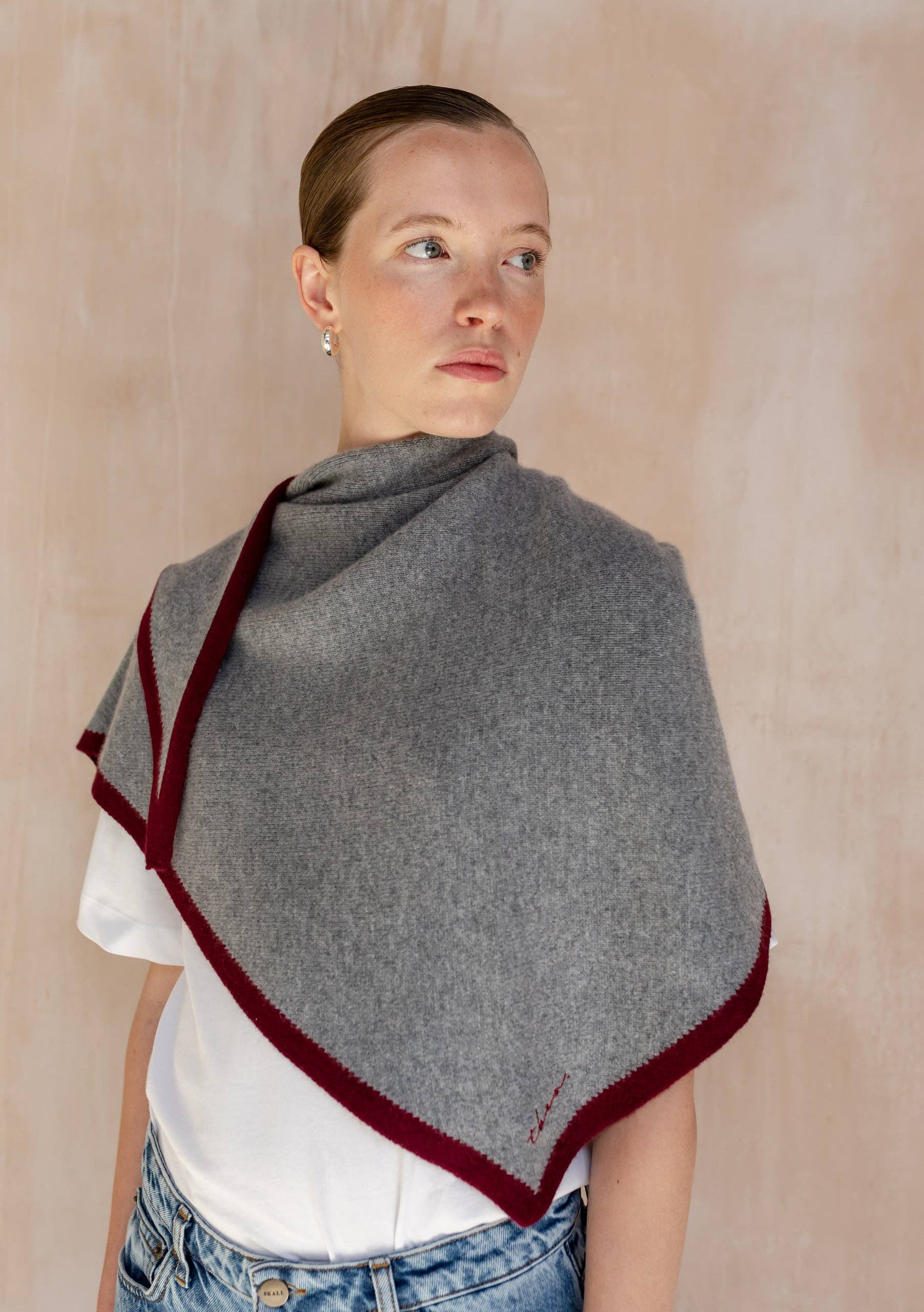Large Merino Triangle Scarf in Charcoal & Burgundy