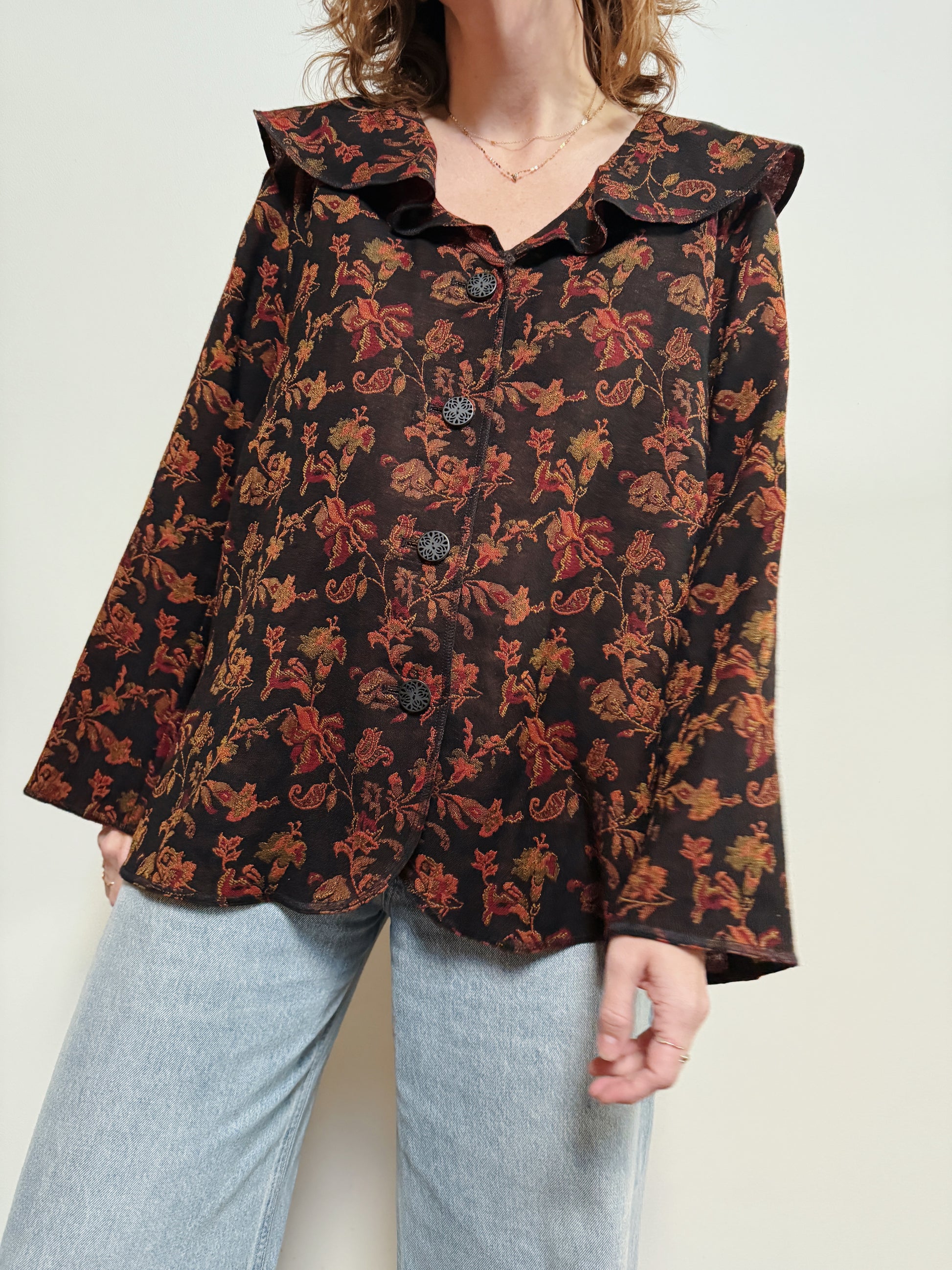 Wool Brocade Ruffle Blouse