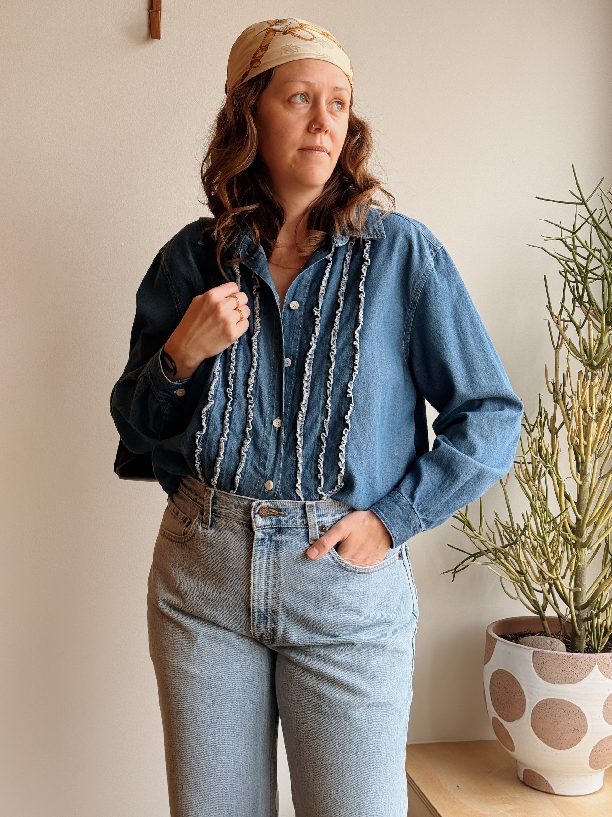 Ruffle Front Denim Buttondown