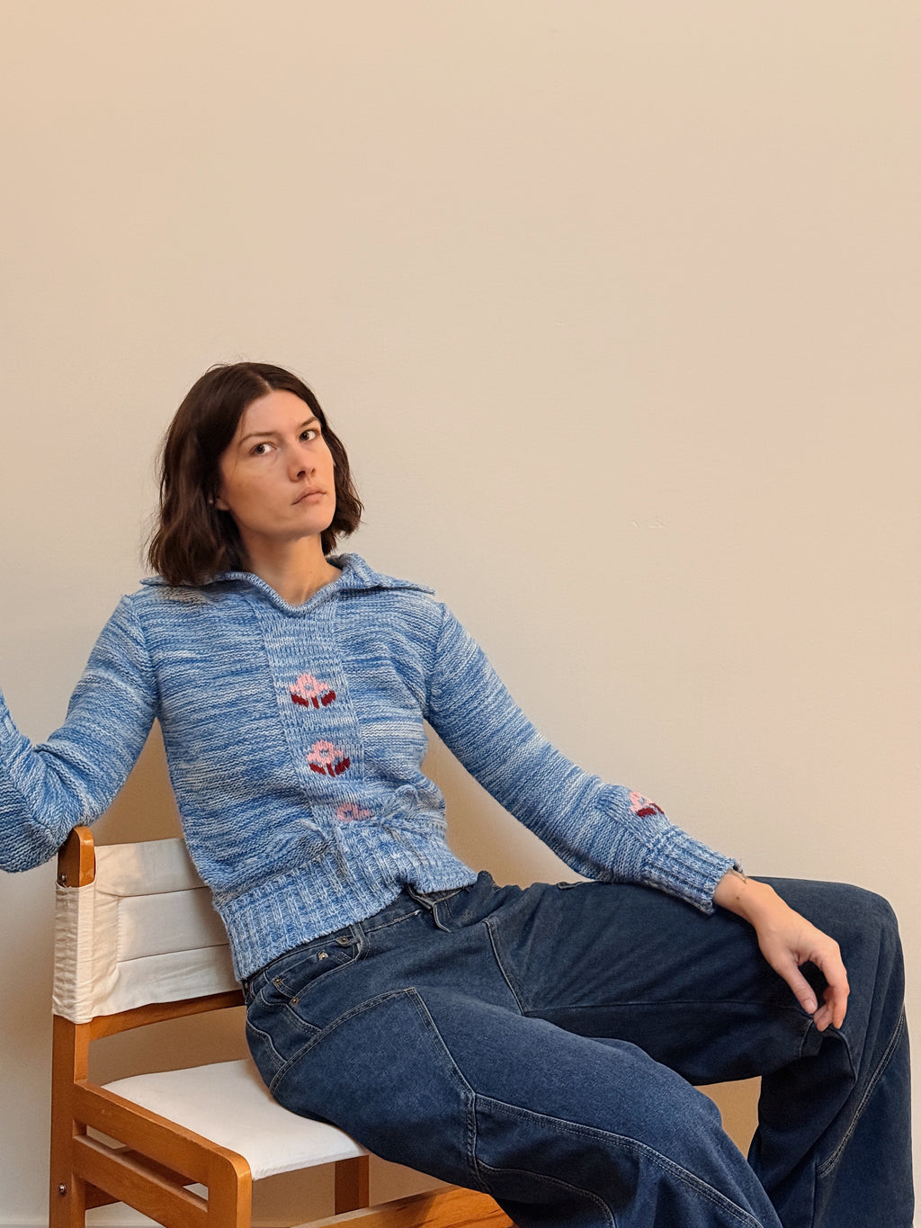 Blue Heathered Floral Stripe Sweater