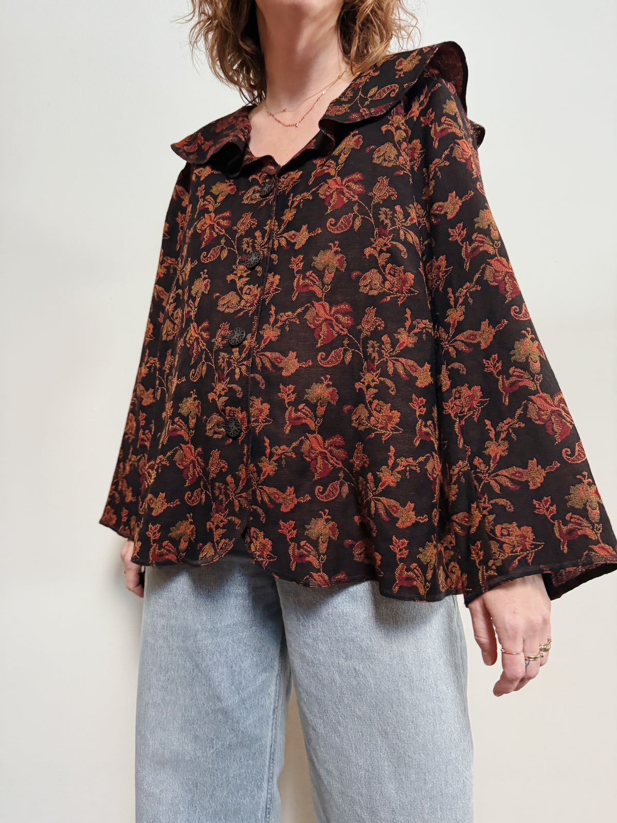 Wool Brocade Ruffle Blouse
