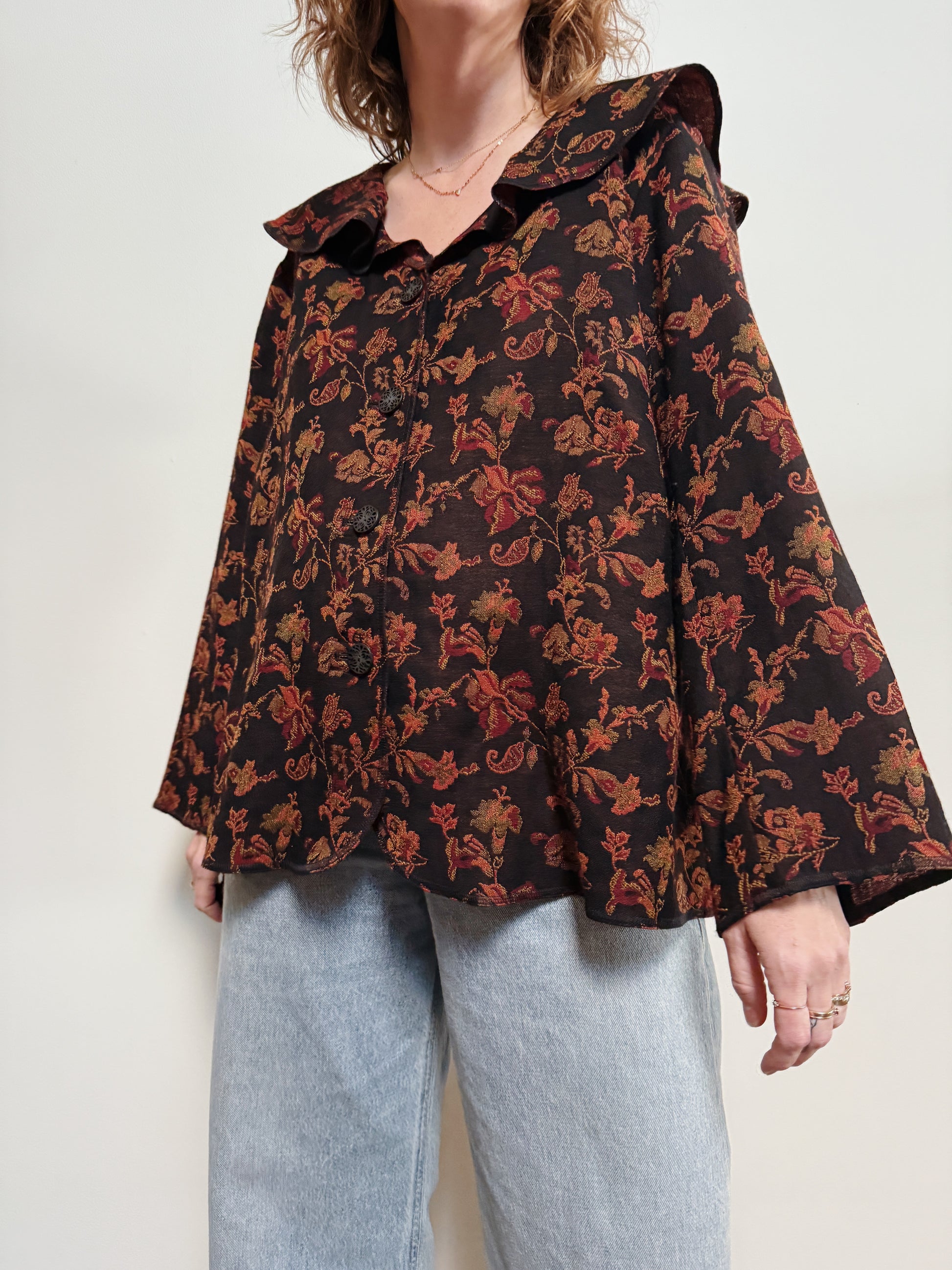 Wool Brocade Ruffle Blouse