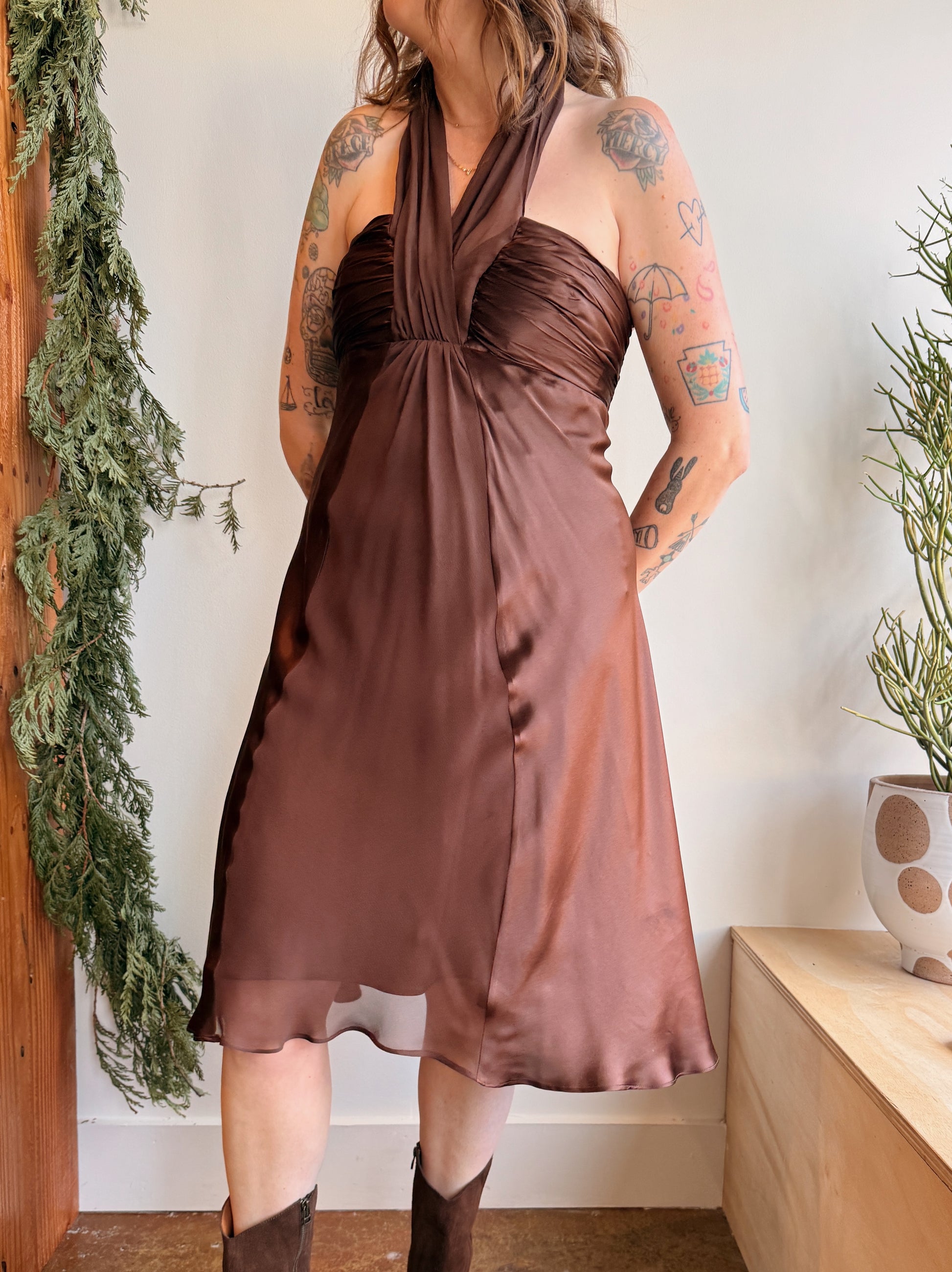 Brown Silk Halter Dress