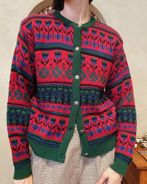 Bryn Connelly red & green tulips & hearts cardigan