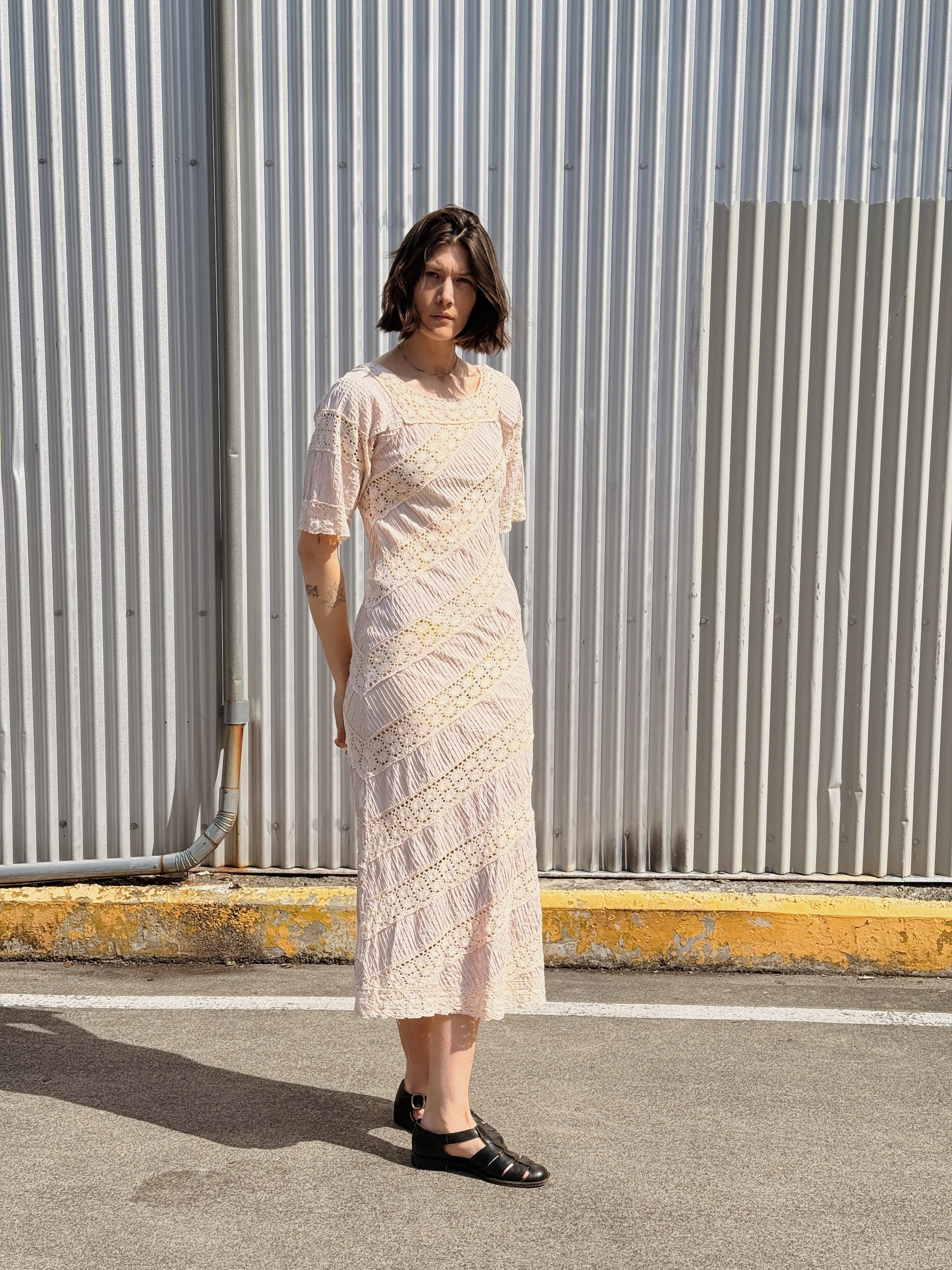 Ecru Lace & Pleats Maxi Dress