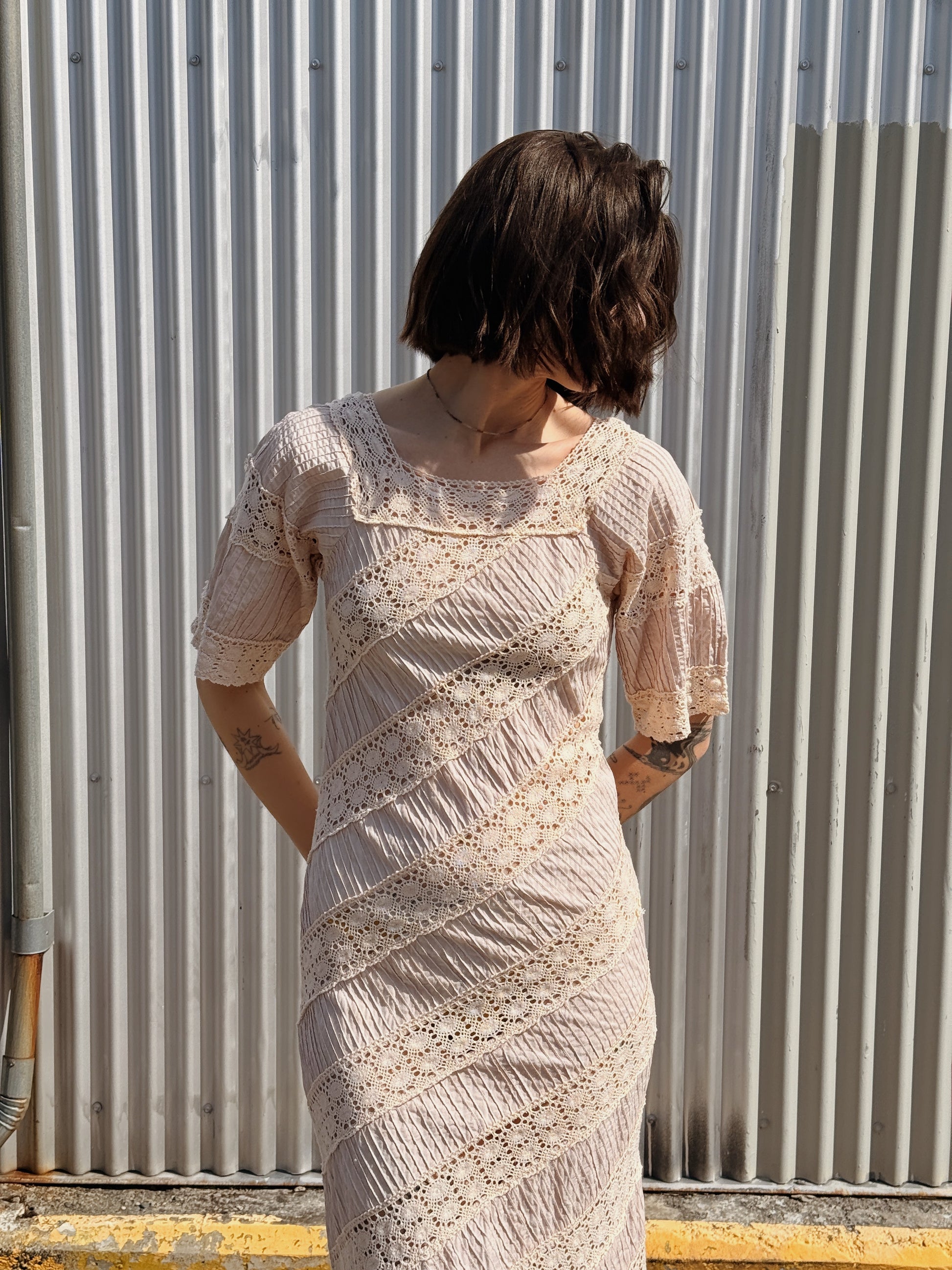 Ecru Lace & Pleats Maxi Dress