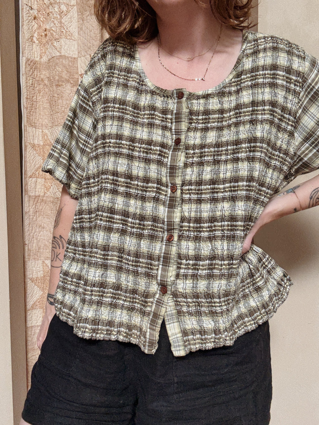 Green Plaid Smocked Tee