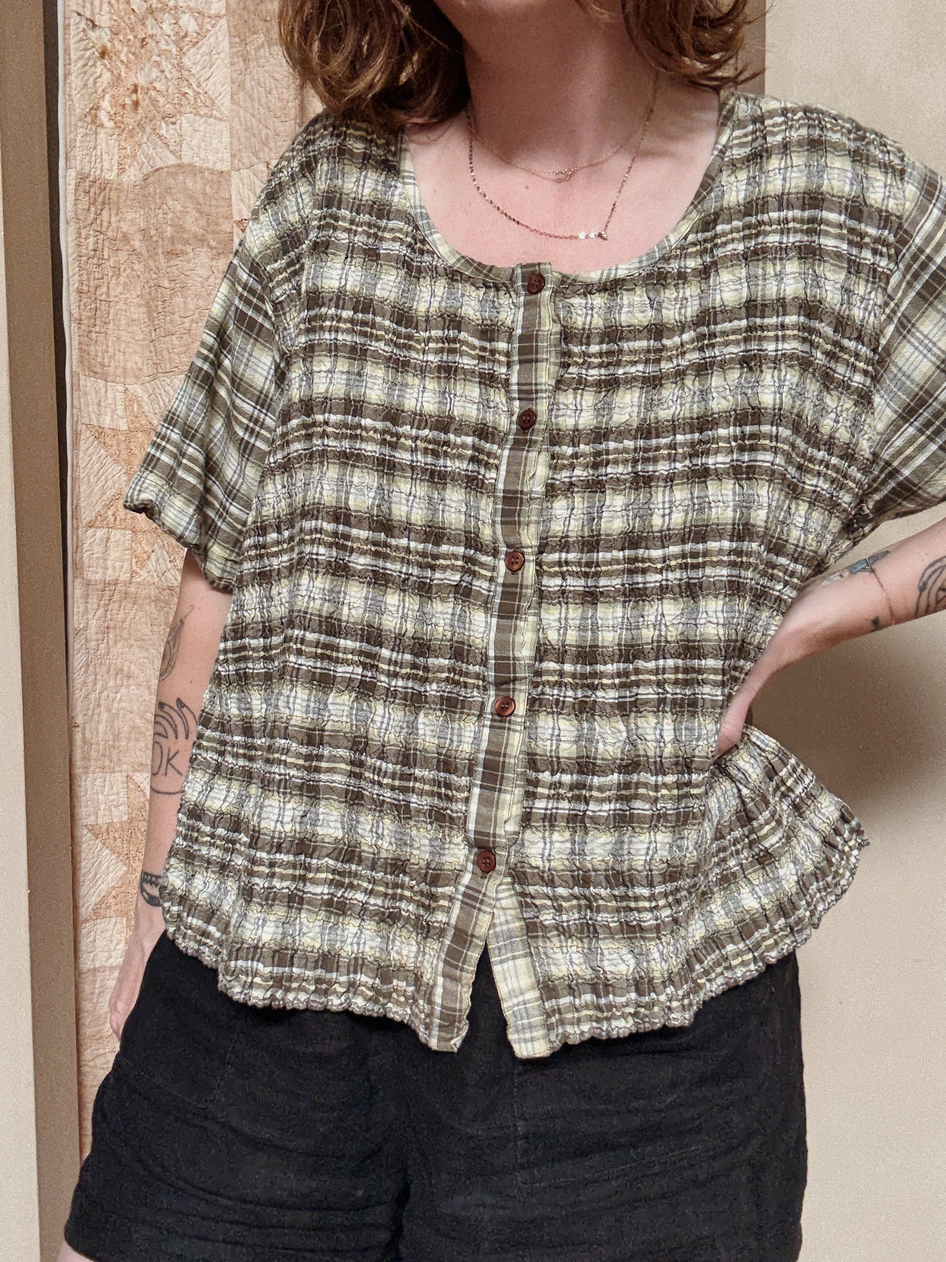Green Plaid Smocked Tee