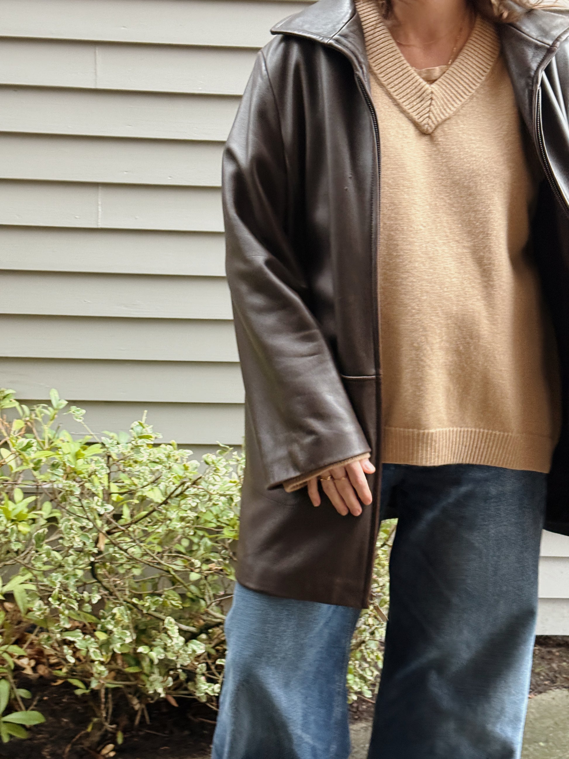 Brown Leather Seamed Zip Jacket