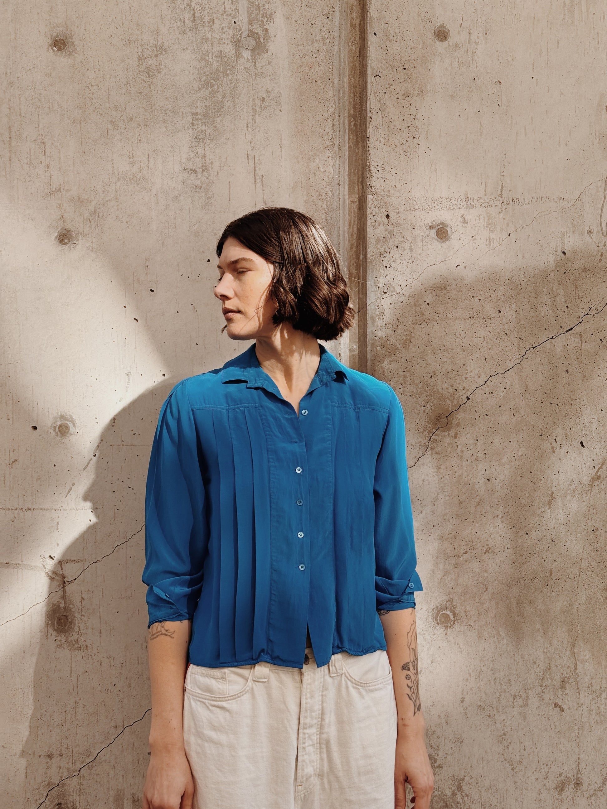 Blue Silk Pleated Blouse