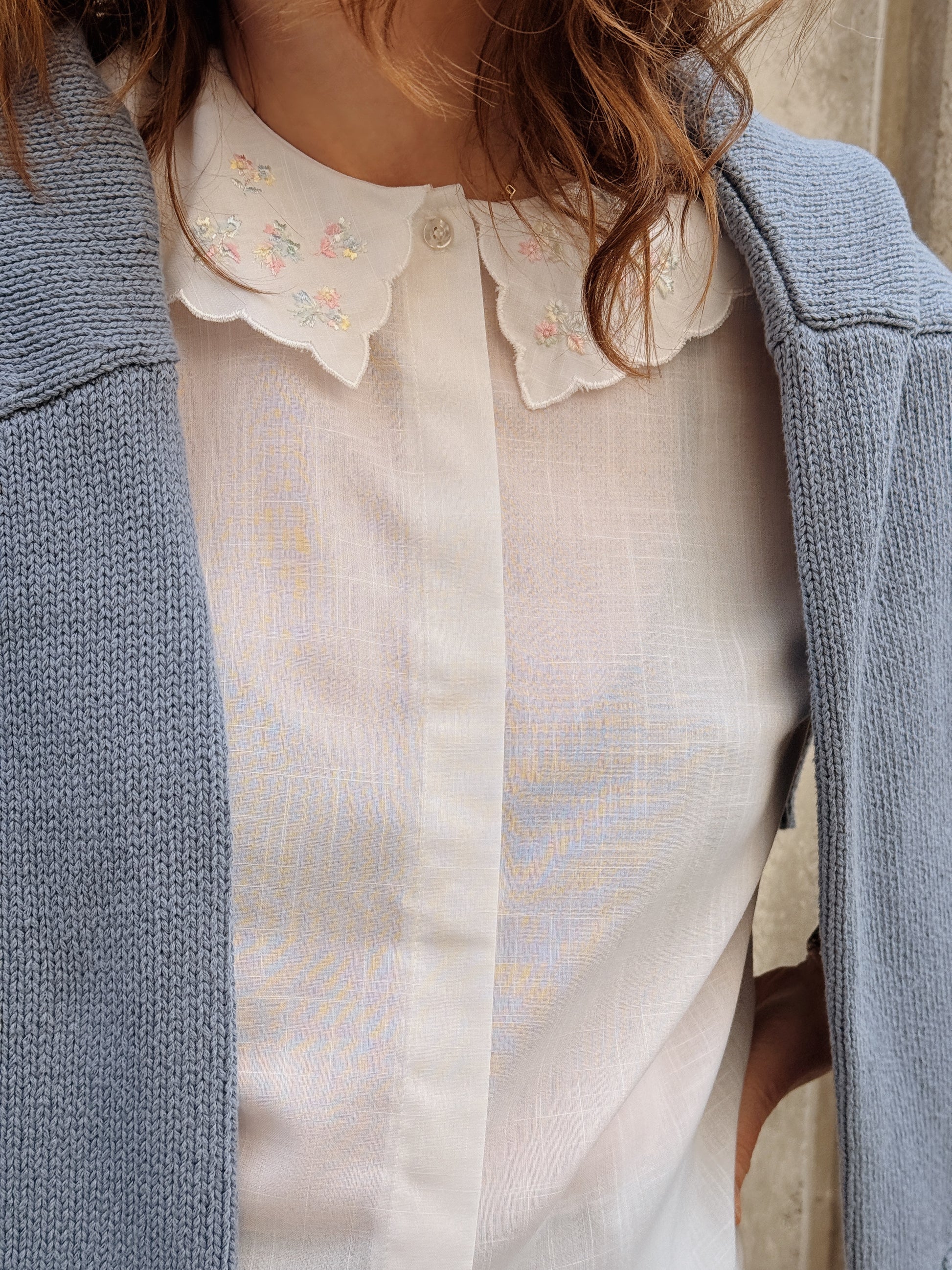 Embroidered Collar Puff Sleeve Blouse