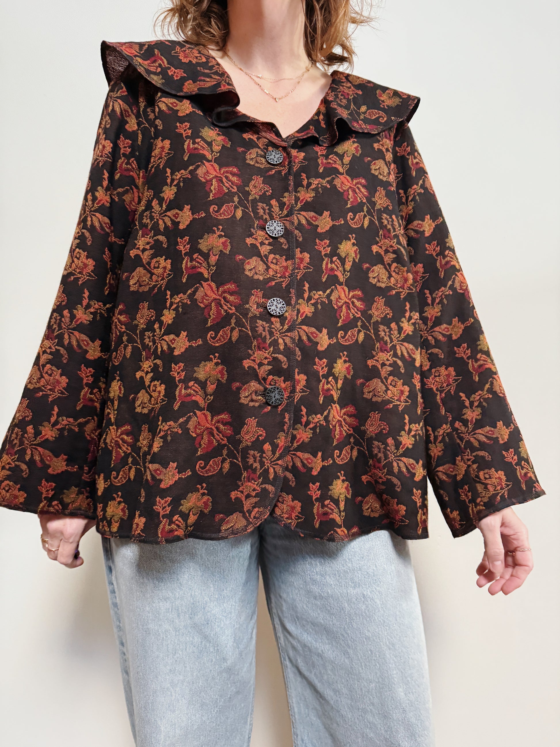 Wool Brocade Ruffle Blouse