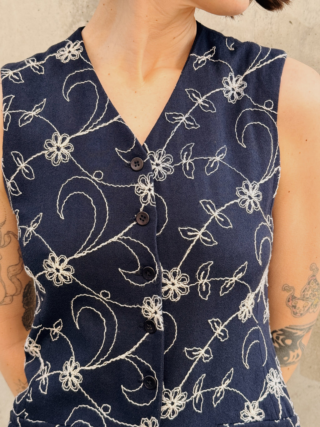 Navy Floral Embroidered Vest