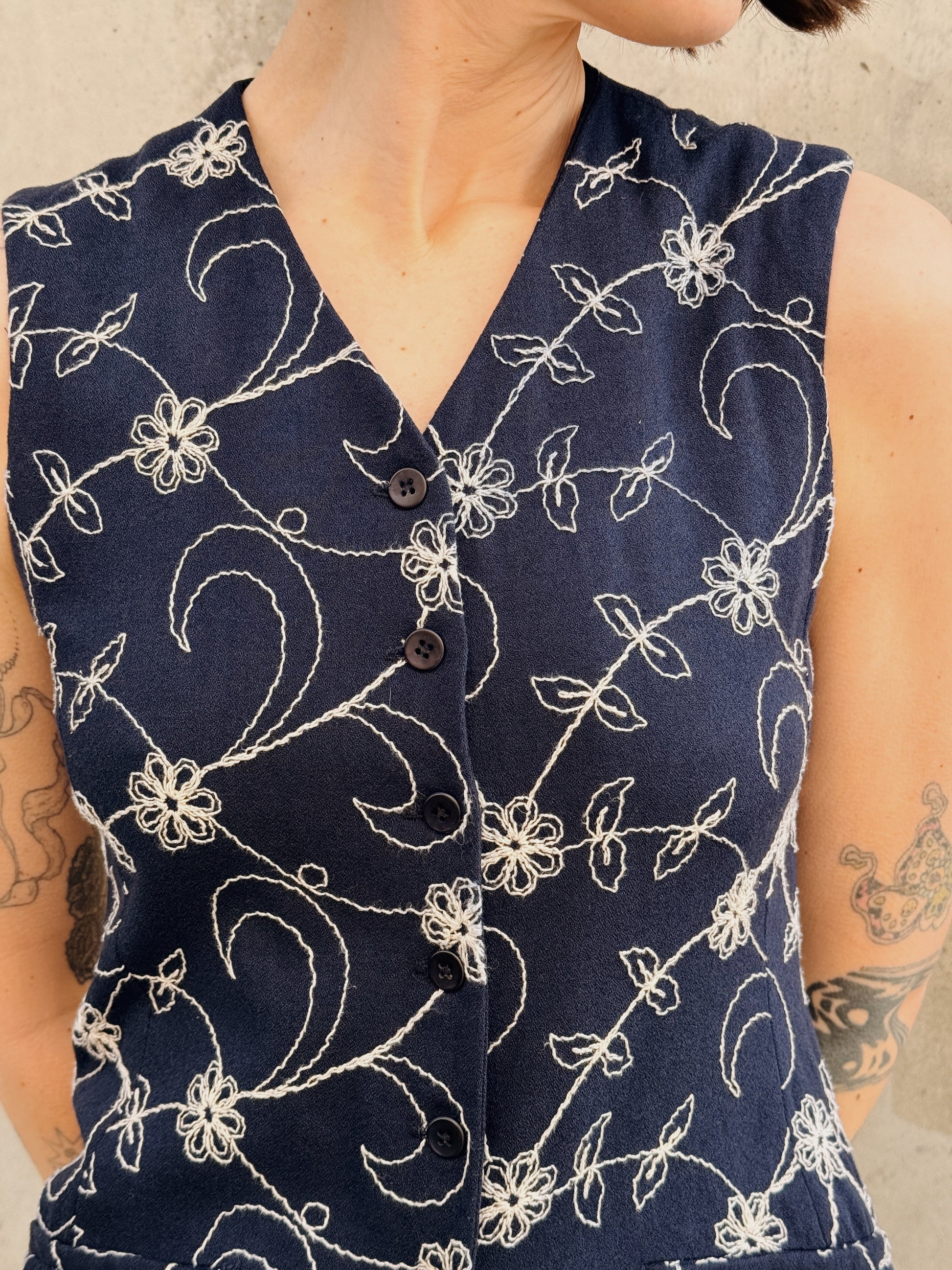 Navy Floral Embroidered Vest